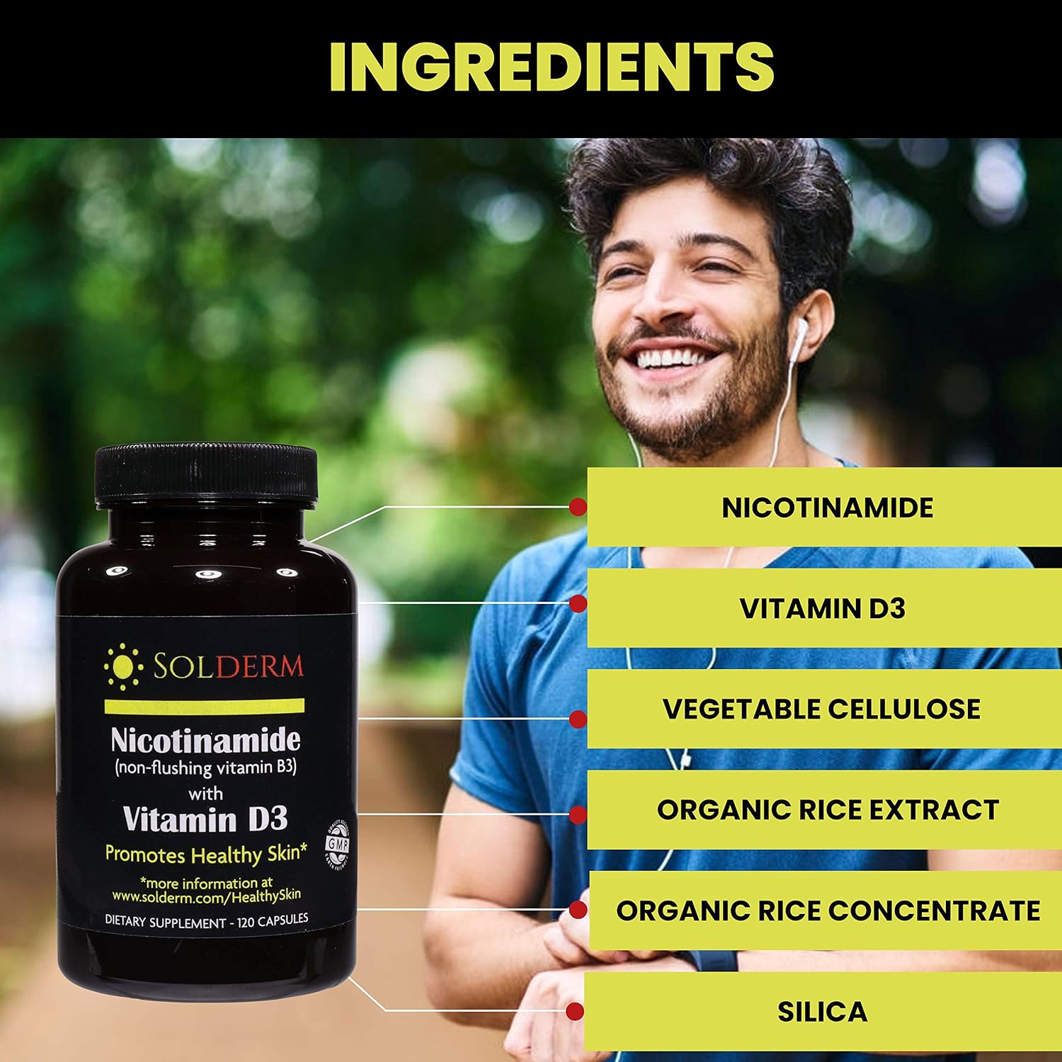Solderm Nicotinamida y Vitamina D3 - Suplemento sin efecto rubor, 60 cápsulas, 500mg