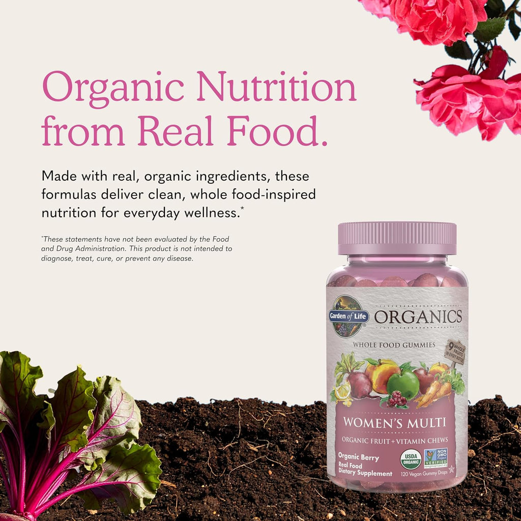 Garden of Life Organics Women's Gummies - Multivitamínico para mujeres con Metil B12, C y D3, Orgánico, Vegano, Sabor Bayas, 120 gomitas