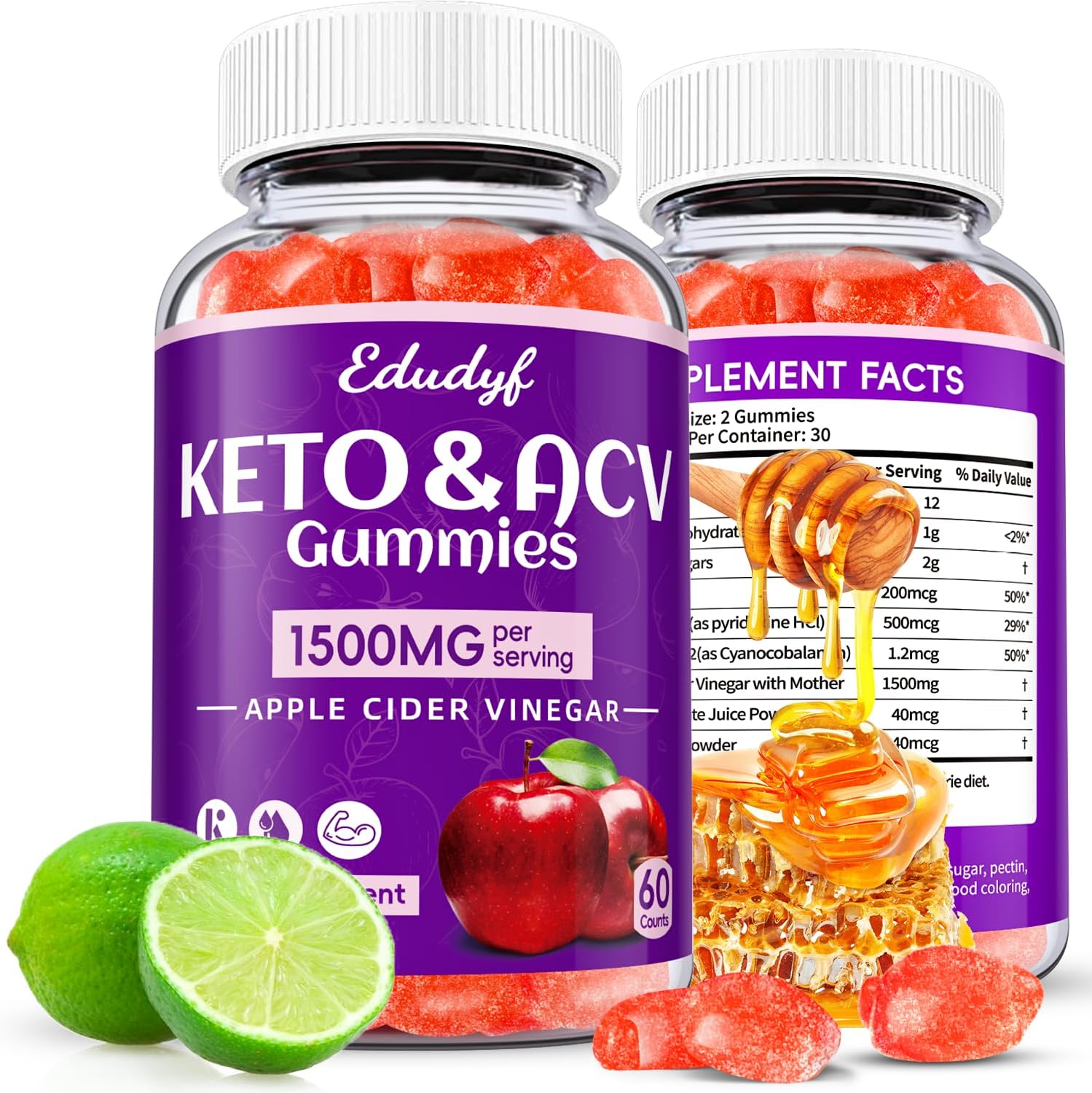 EDUDYF Keto ACV Gummies - Gominolas de Vinagre de Manzana Orgánico con Probióticos - 120 Unidades