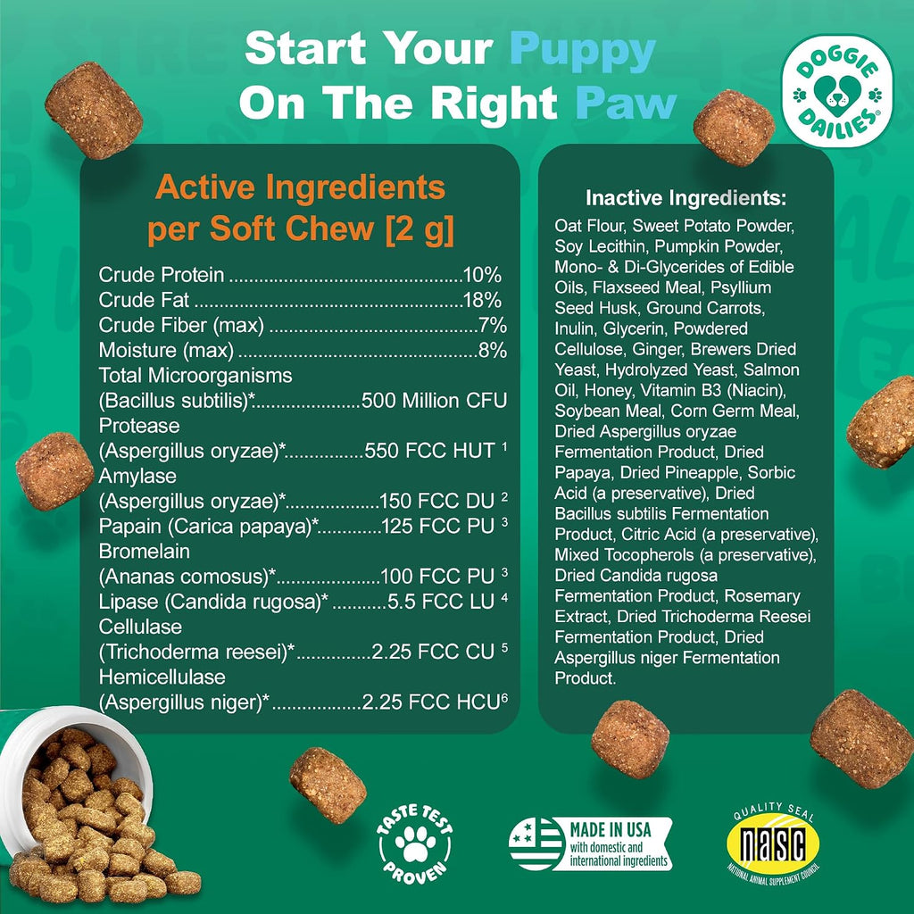 Doggie Dailies Probiótico para Cachorros, Probióticos con Enzimas Digestivas, Apoya la Salud Digestiva e Inmunológica, Sabor Calabaza, 120 Masticables Blandos