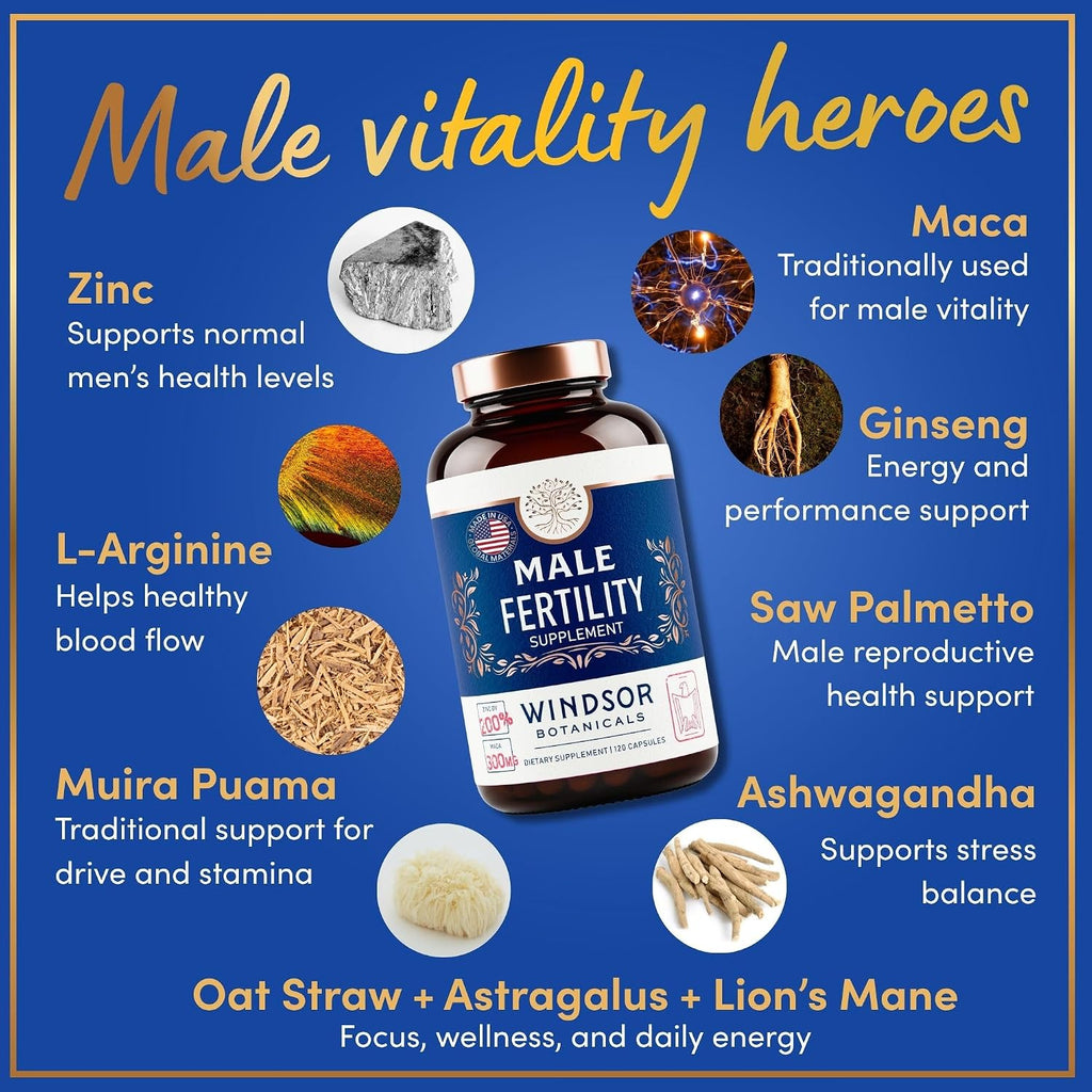 WINDSOR BOTANICALS Suplemento de Fertilidad Masculina con Maca Root - 120 Cápsulas