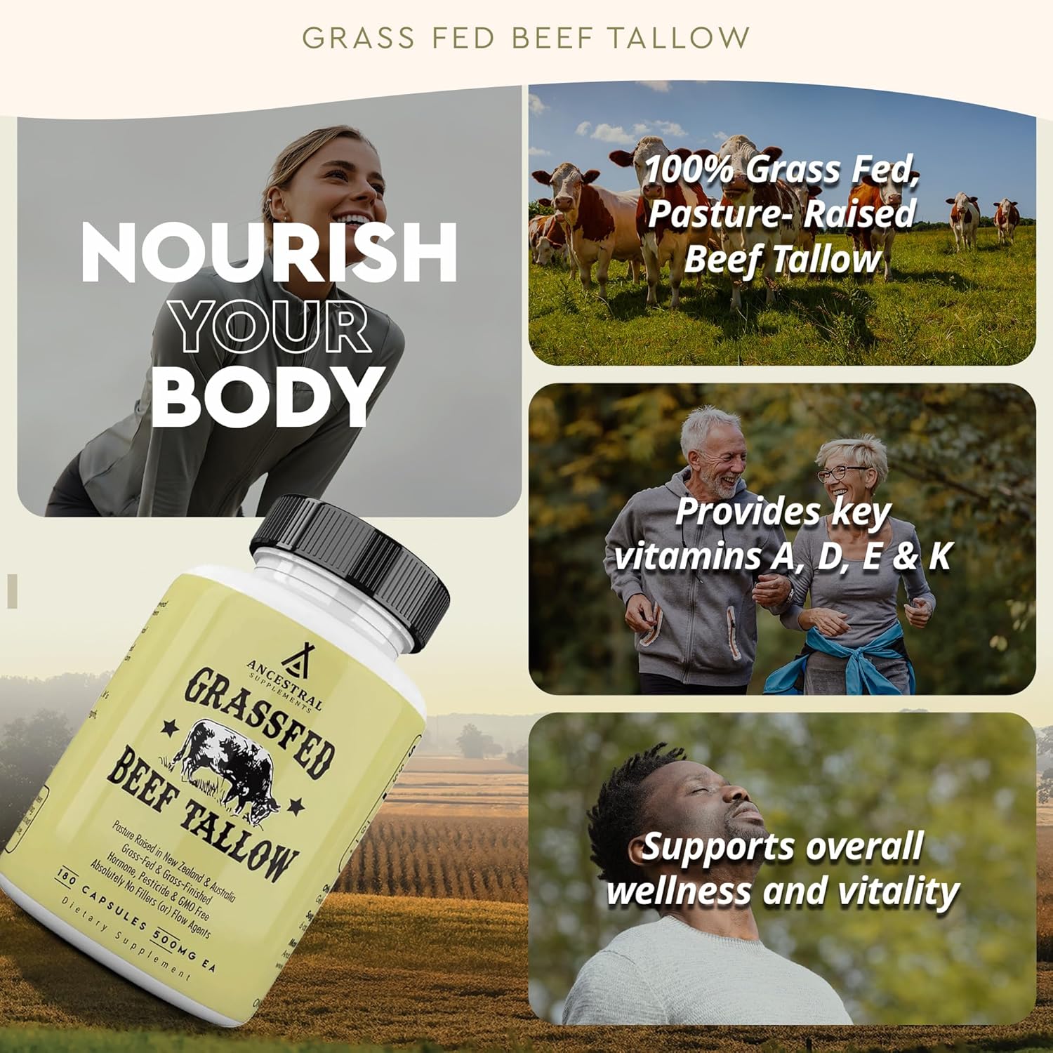Ancestral Supplements Cápsulas de Sebo de Res Grass Fed, 3000 mg, 180 Cápsulas
