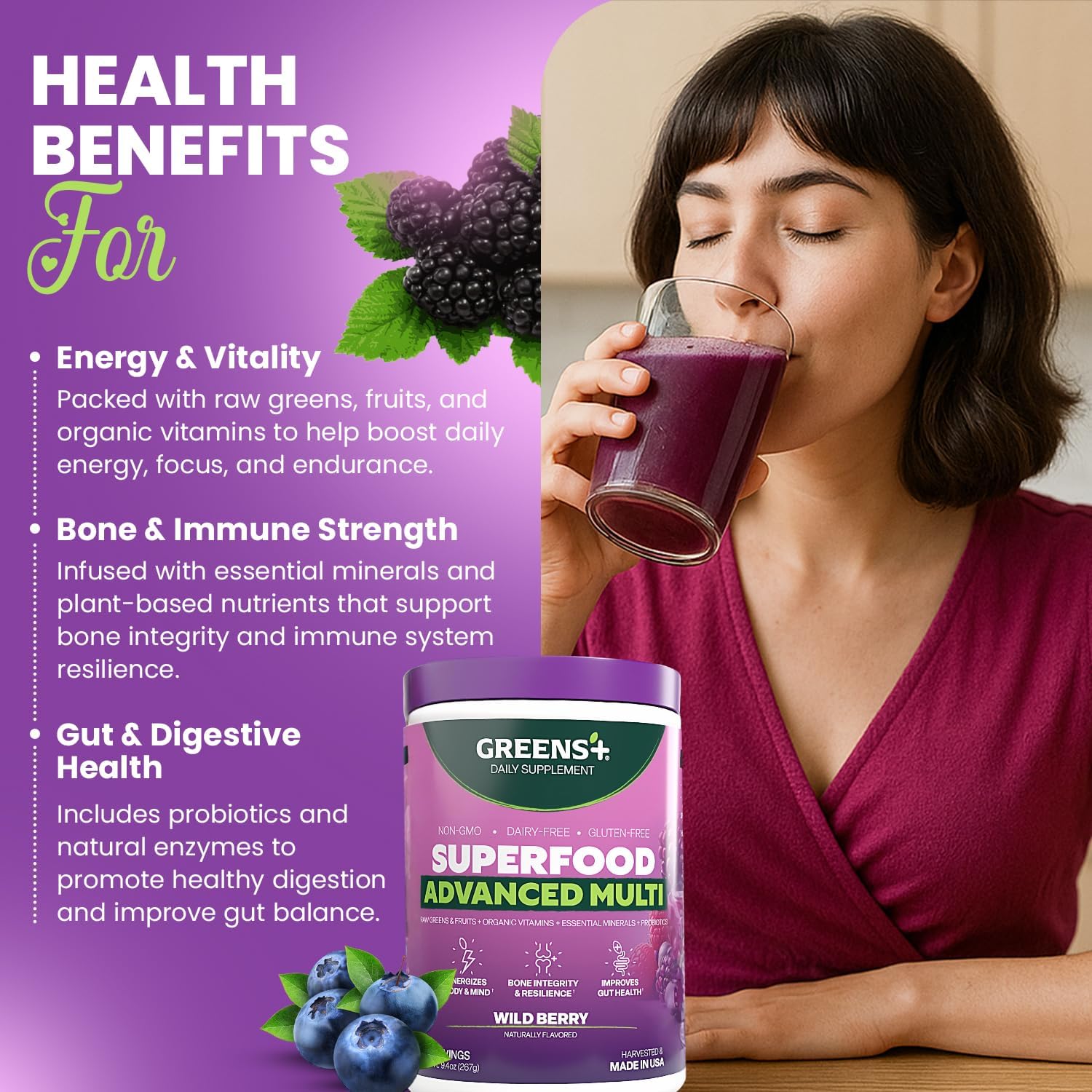 Greens+ Advanced Multi Wild Berry - Polvo de Superalimentos Orgánico con Vitaminas y Minerales, 267 g