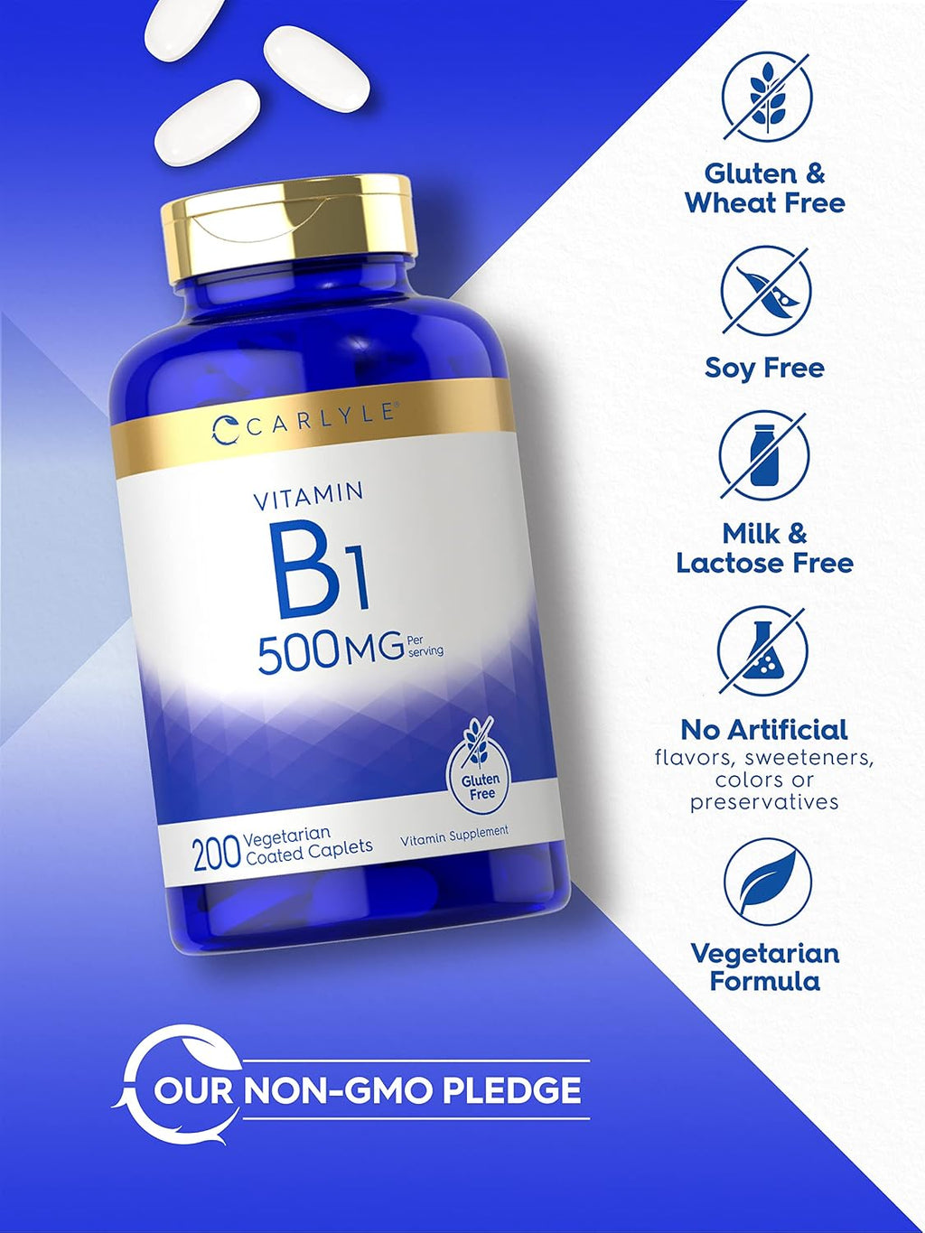 Carlyle Tiamina (Vitamina B1) 500 mg | 200 Comprimidos Vegetarianos | Sin Gluten y No Transgénico