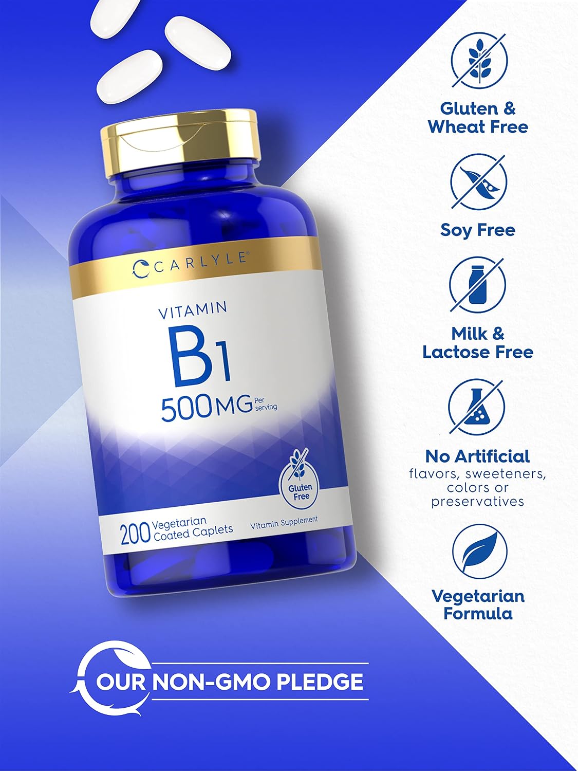 Carlyle Tiamina (Vitamina B1) 500 mg | 200 Comprimidos Vegetarianos | Sin Gluten y No Transgénico