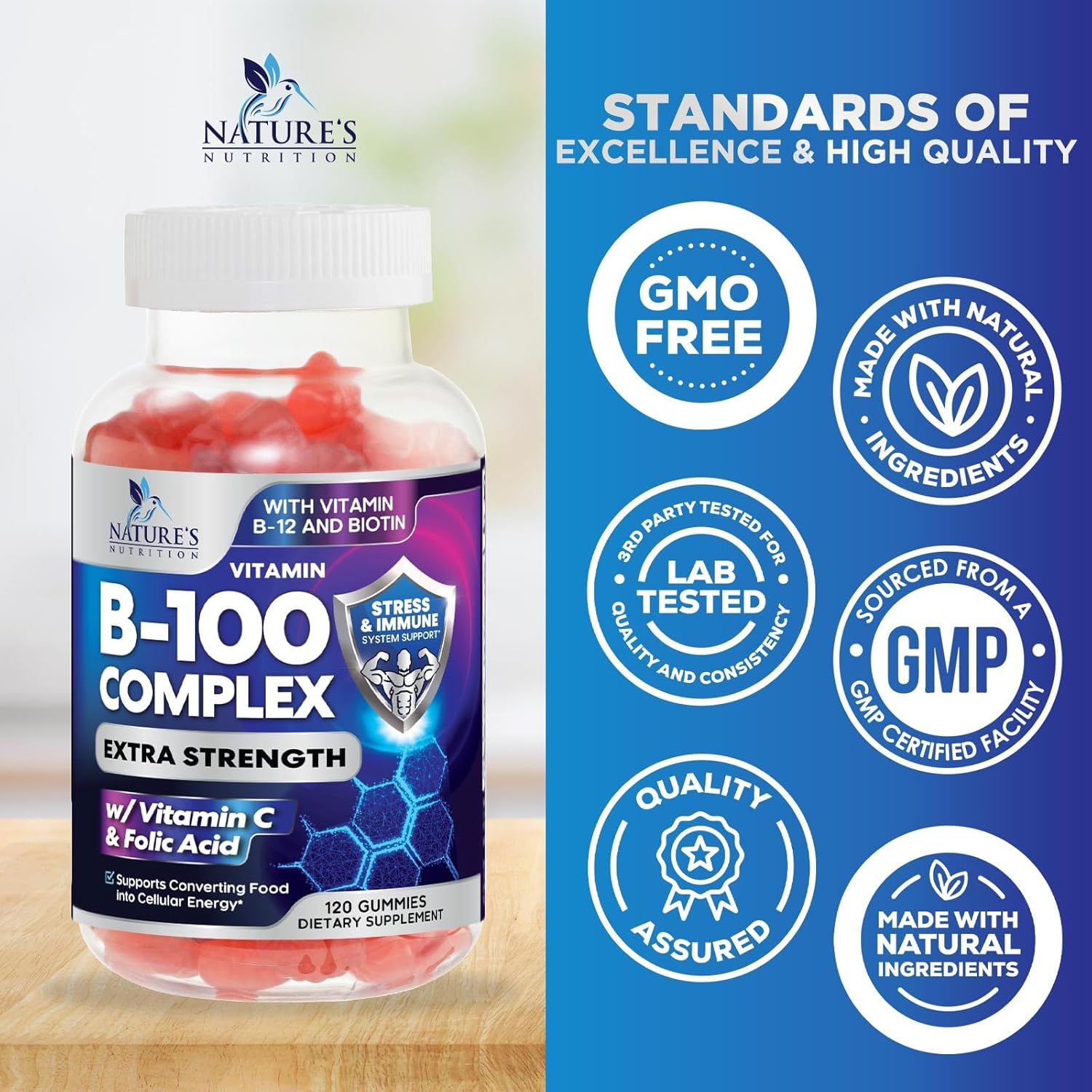 Vitamin B Complex Gummies - Gomitas de Complejo B Extra Fuerte con Vitamina C, Apoyo Inmunológico para Hombres y Mujeres - Suplemento de Energía y Apoyo Cerebral con Ácido Fólico, Niacina, B6, B12 - 120 Gomitas