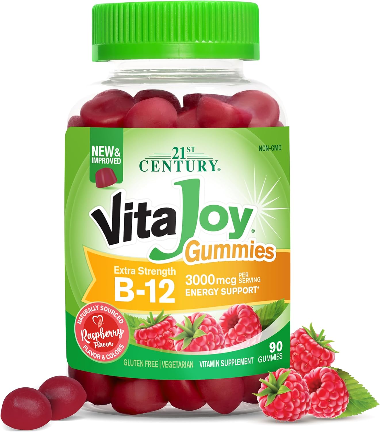 21st Century Extra Strength Vitamina B12 Gominolas 3000 mcg, Energía y Soporte Nervioso, Vegano y Sin Gluten, Frambuesa, 90 Unidades