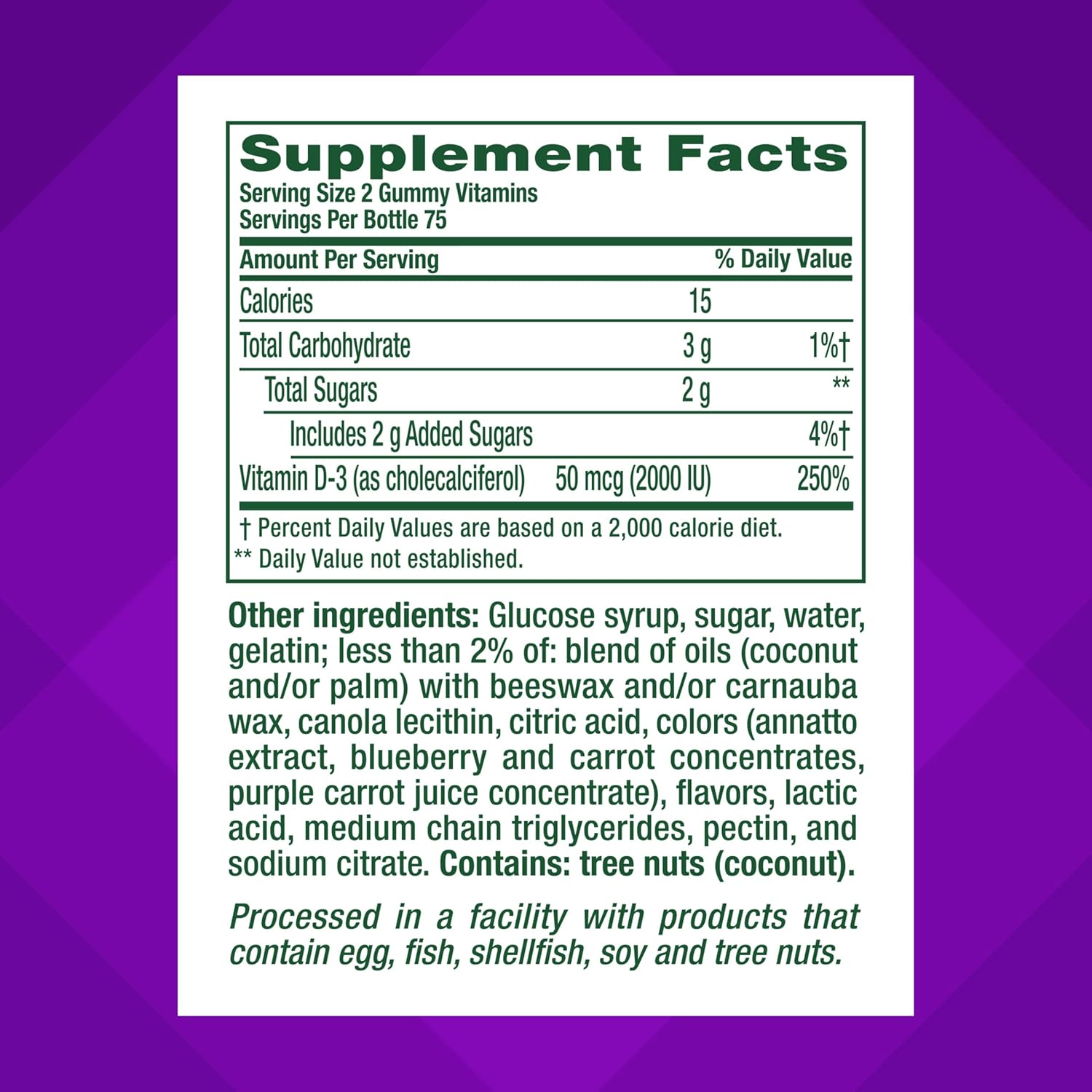 Vitafusion Vitamin D3 Gummies, Bone & Immune Support, Peach, Blackberry & Strawberry Flavors, 50 mcg (2000 IU) Vitamin D3, 150 Count, 75 Day Supply