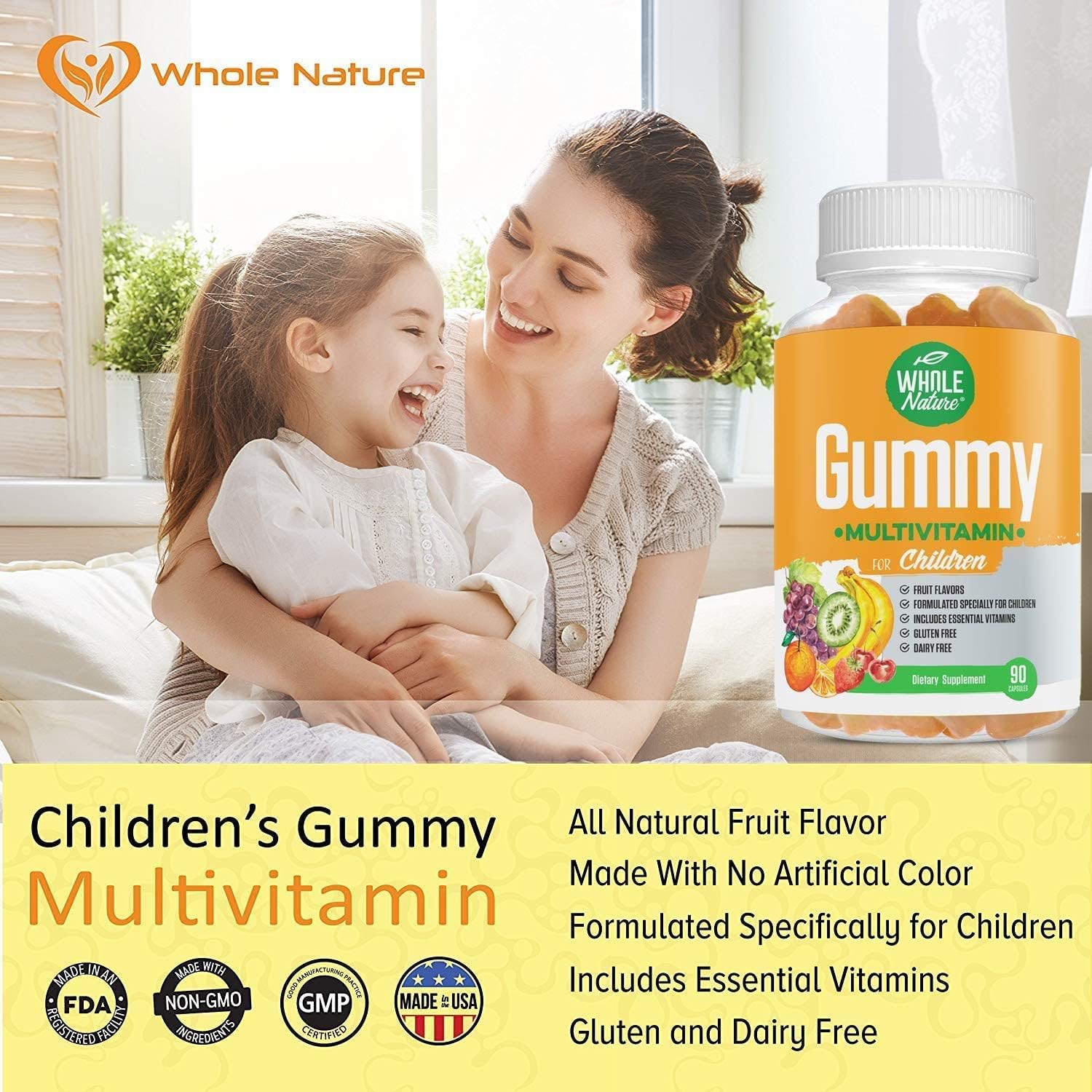 Whole Nature Multivitamínico Infantil - 90 Gomitas con Sabor a Fruta, Sin Azúcar Artificial, Sin Lácteos ni Gluten