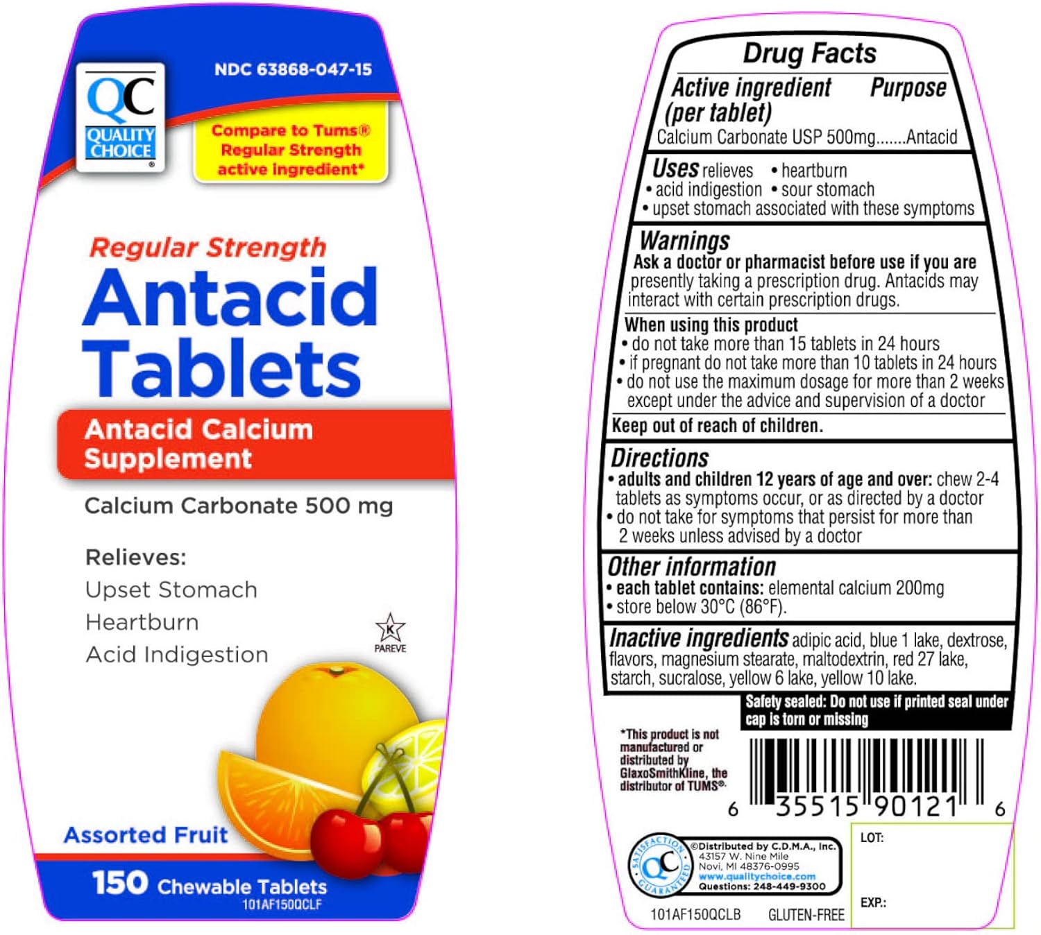 Quality Choice Calcium Carbonate 500 mg Antacid Chewable, 150 Tablets (Pack of 3)