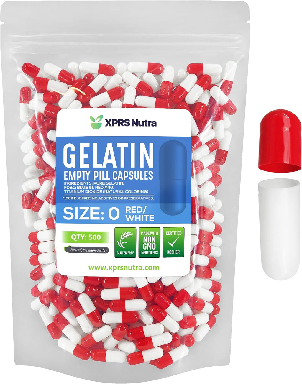 XPRS Nutra Cápsulas Vacías Tamaño 0 - 500 Unidades - Gelatina Bovina para Suplementos Caseros (Rojo/Blanco)