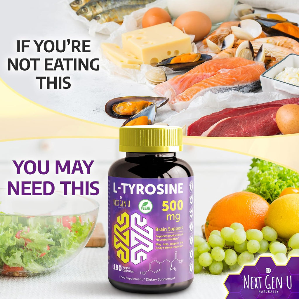 L-Tirosina 500 mg, 180 Cápsulas Veganas - NextGenU