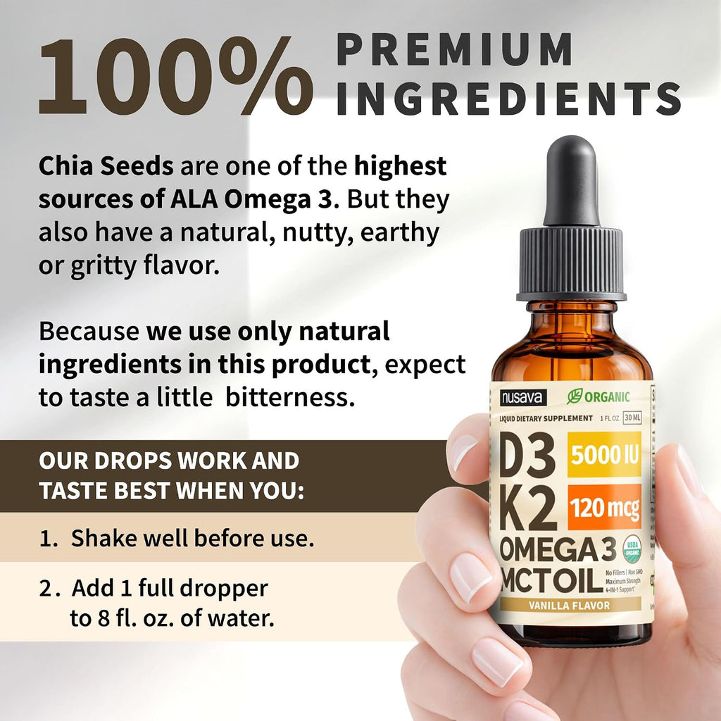 NUSAVA Gotas de Vitamina D3 y K2 con MCT Oil y Omega 3 - 5000 IU D3, 120 mcg K2 - 4 unidades