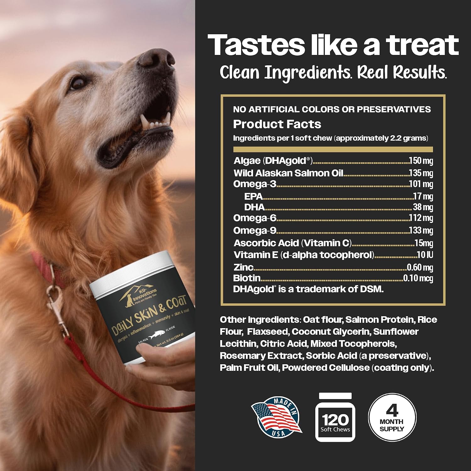 K9-Innovations - Daily Skin & Coat Dog Chews Salmon Flavor - Reduce Itching & Paw Chewing, Omega 3 & VIT C for Skin Health - 1-4 Month Supply (120qty)