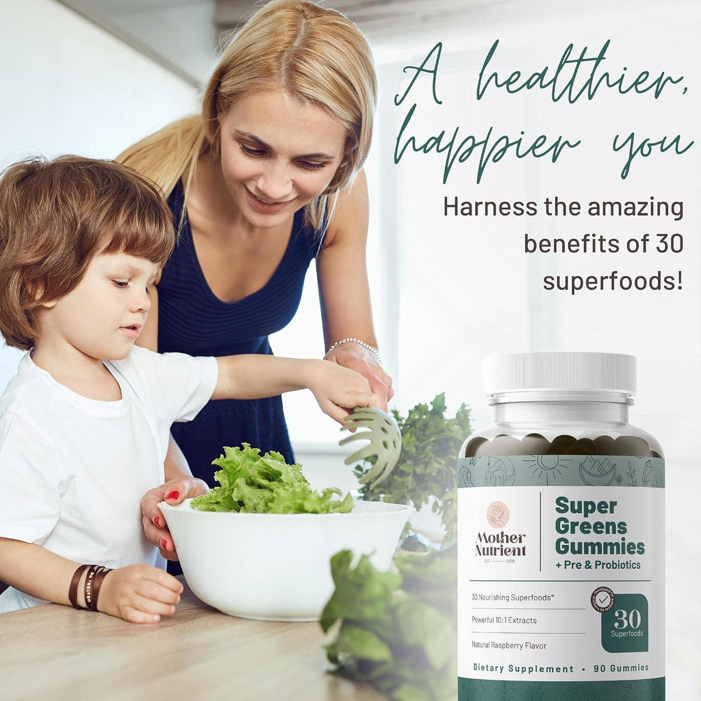 Mother Nutrient Super Greens Gummies - Multivitamínico con 30 Superfoods, Prebióticos y Probióticos (90 Gominolas)