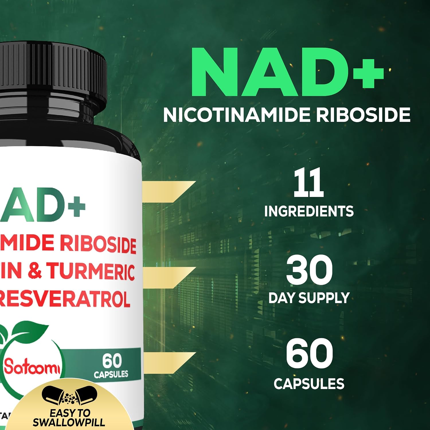 Satoomi NAD Suplemento para Mujeres - Nicotinamida Ribósido Resveratrol 900mg, Quercetina, Cúrcuma, Astrágalo, Ginseng, Vitamina D3, Vitamina C - 60 Cápsulas