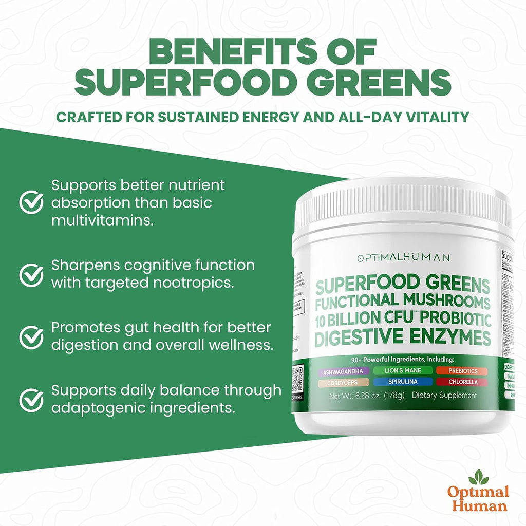 Optimal Human Superfood Greens Powder – Mezcla de 90+ Ingredientes con Lion's Mane, Ashwagandha y Cúrcuma – 178 g