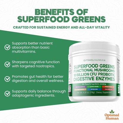 Optimal Human Superfood Greens Powder – Mezcla de 90+ Ingredientes con Lion's Mane, Ashwagandha y Cúrcuma – 178 g – Image 3