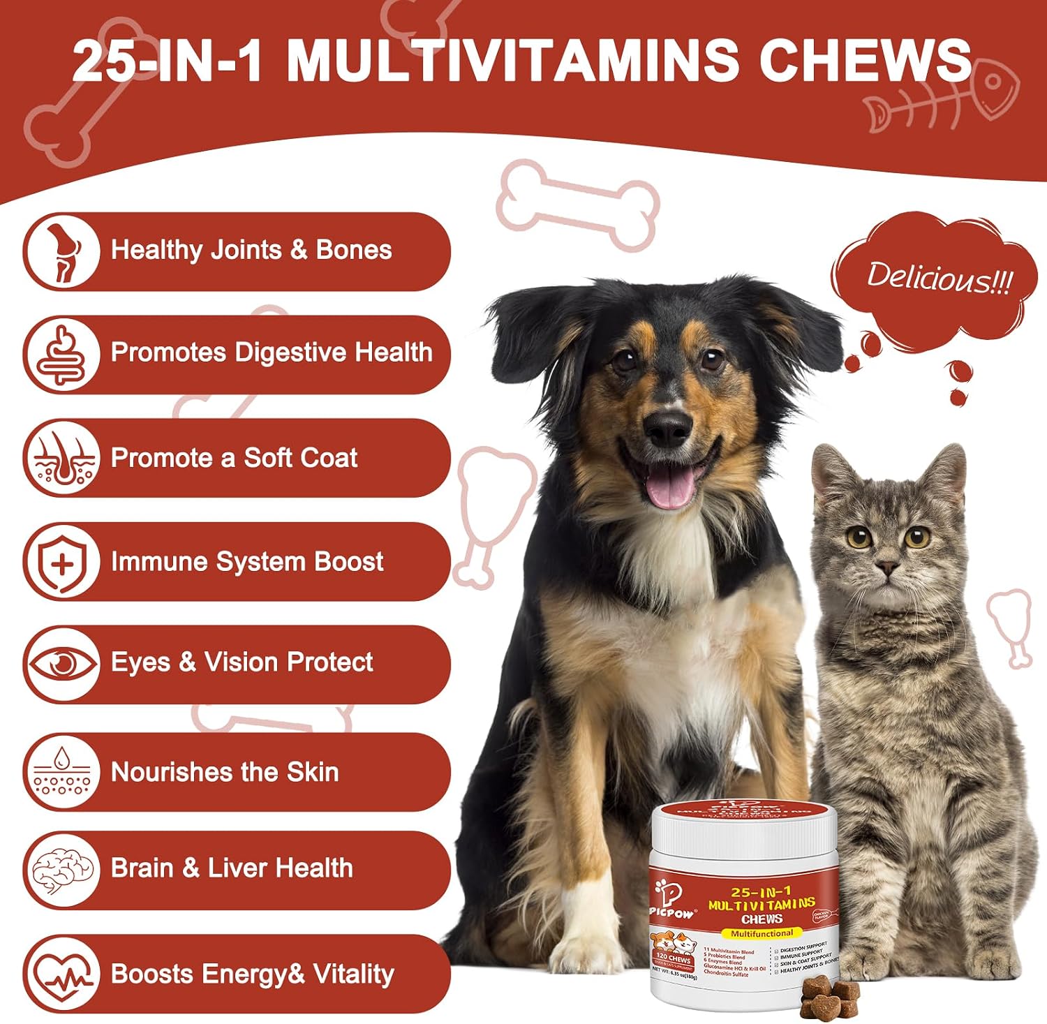 PICPOW Multivitamínico masticable para perros con glucosamina, condroitina, enzimas digestivas y probióticos, 120 comprimidos
