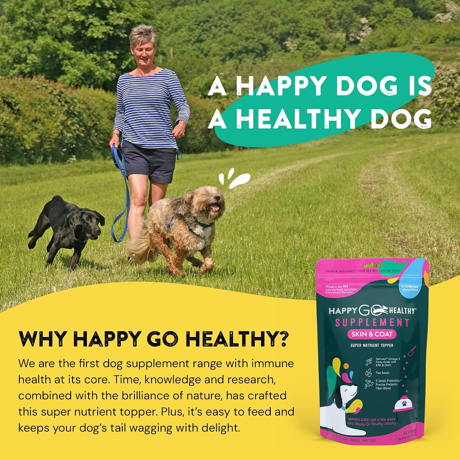 Happy Go Healthy Probióticos para Perros - Suplemento para la Piel y el Pelaje - 60 porciones