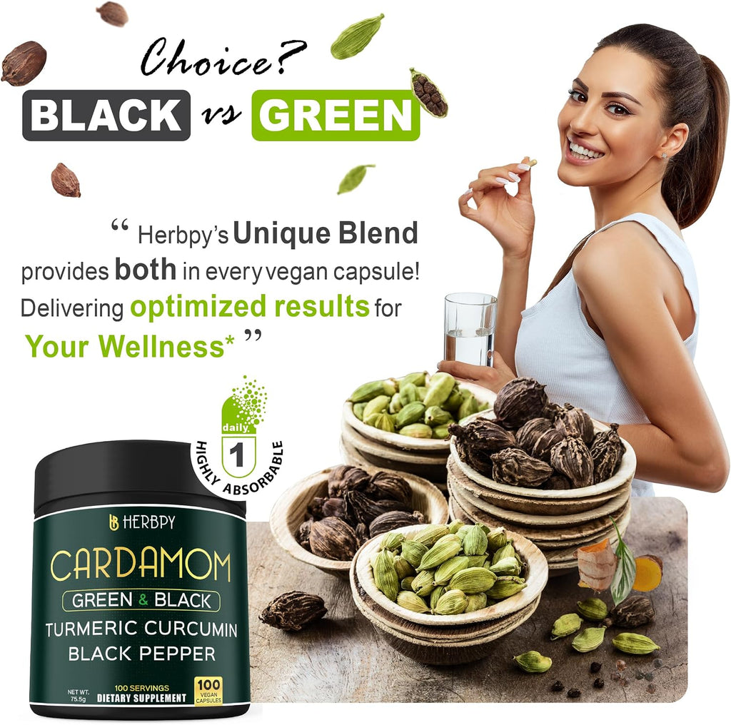 Herbpy Suplemento de Cardamomo 4en1 – Semillas de Cardamomo Verde y Negro con Cúrcuma y Pimienta Negra – Salud Digestiva – 100 Cápsulas Veganas