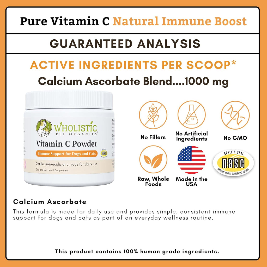 Wholistic Pet Organics Vitamina C en Polvo para Perros y Gatos - Alivio de Alergias y Picazón - Apoyo Inmunológico - 113 g