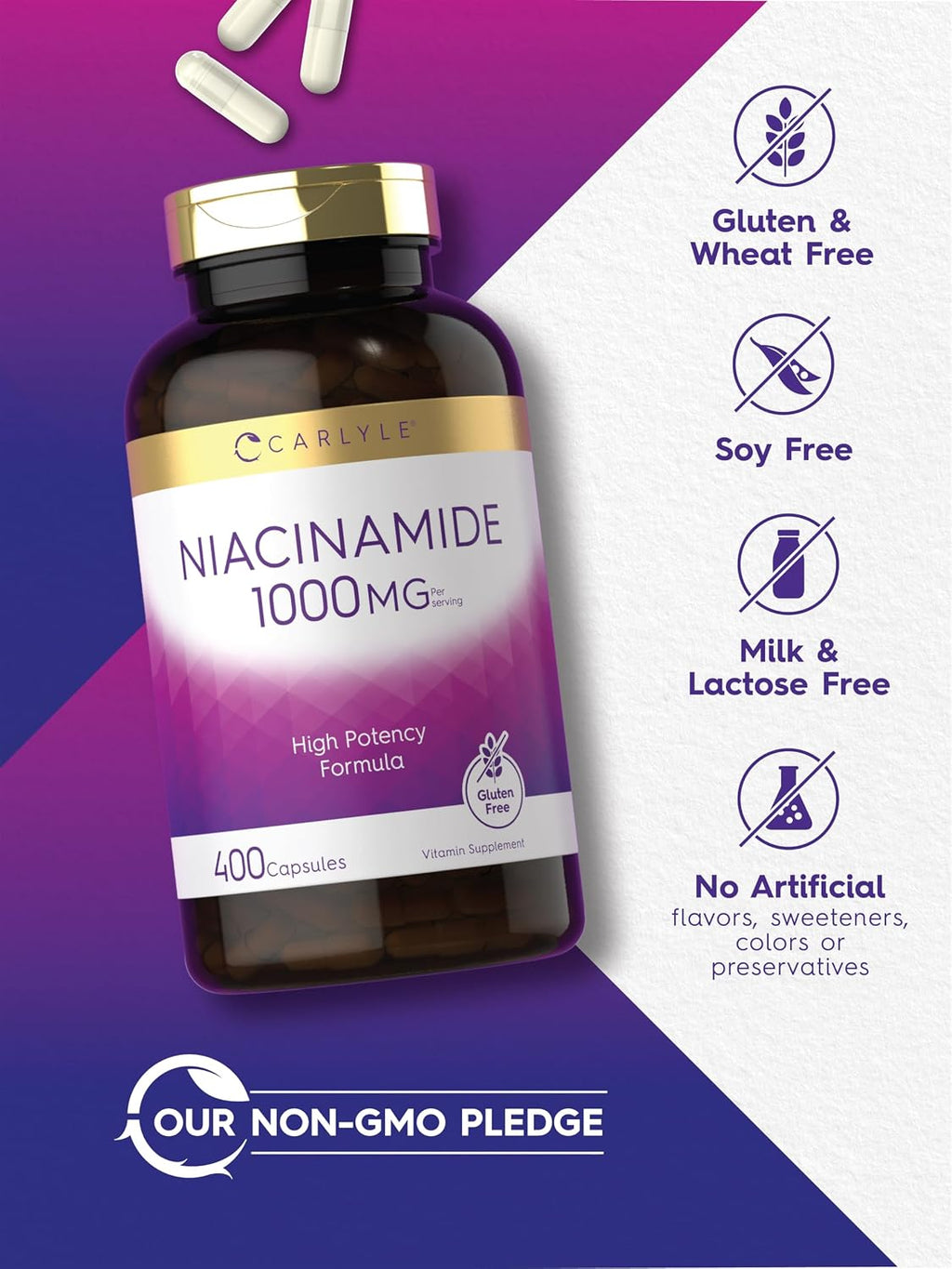 Carlyle Niacinamida 1000 mg | 400 Cápsulas | Fórmula de Alta Potencia | No-GMO, Sin Gluten