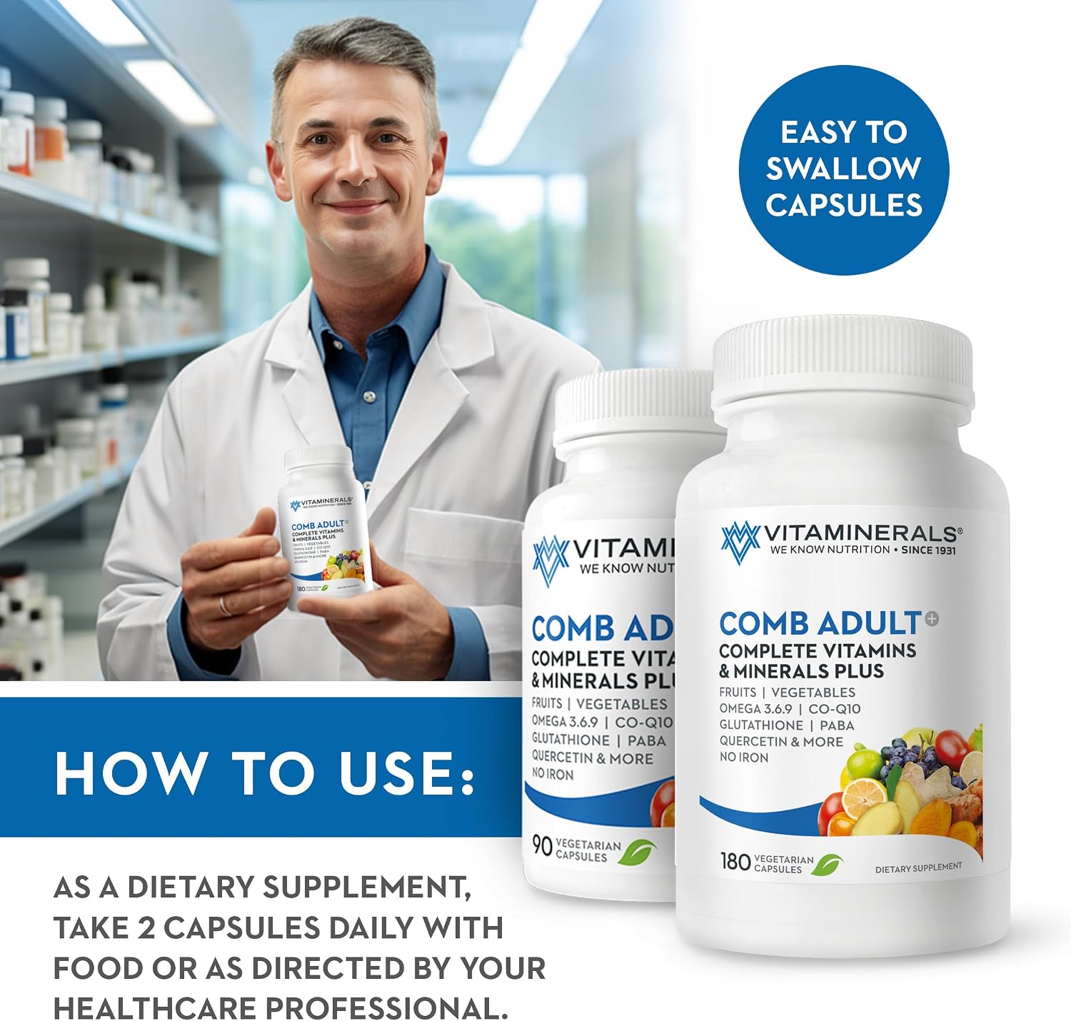 Vitaminerals CombAdult Fórmula Integral Multivitamínica y Mineral (180 Cápsulas Vegetales)