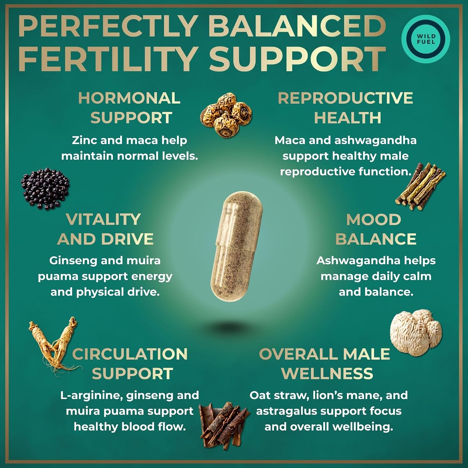 Suplemento de Fertilidad para Hombres - Maca, Ashwagandha, Zinc - Wild Fuel (120 Cápsulas)