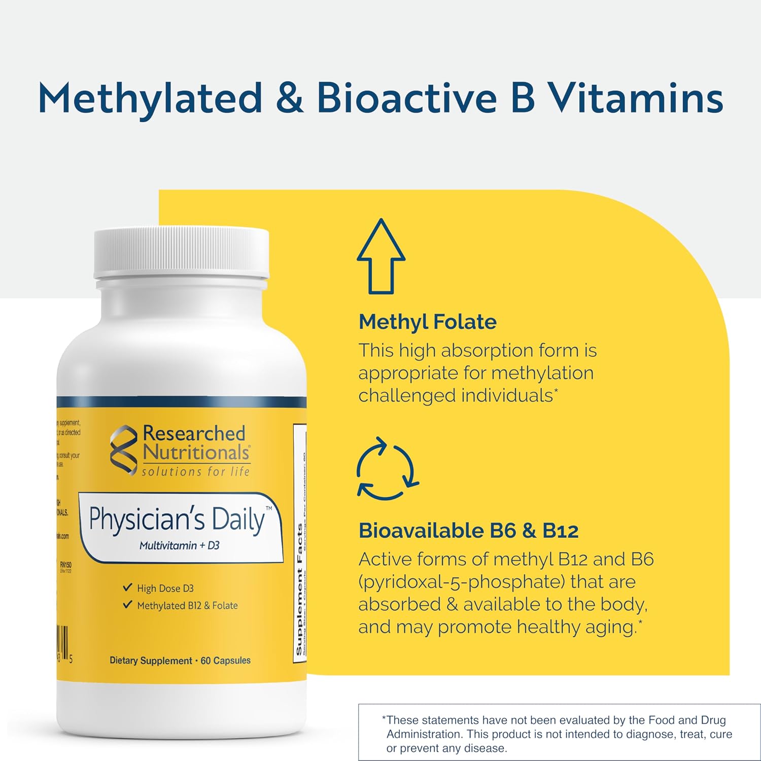 Physician's Daily + D3 - Multivitamínico Metilado con Vitamina D3 2000 UI, B12 Metilada, Metilfolato y B6 Activa - 60 Cápsulas