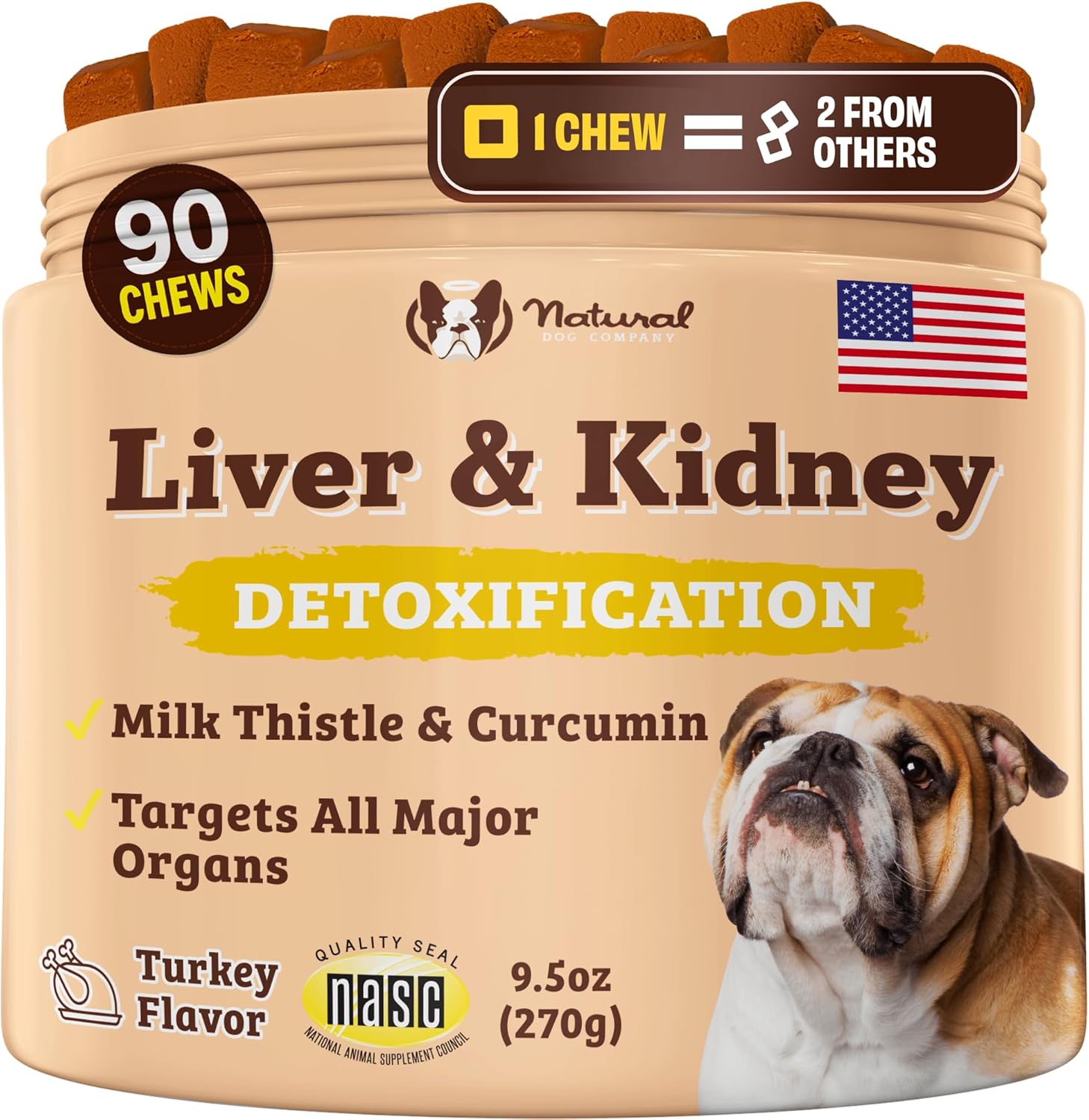 Suplemento Hepático y Renal para Perros – 90 Masticables Blandos con Cardo Mariano, Arándano Rojo, Diente de León, Cúrcuma y Astrágalo