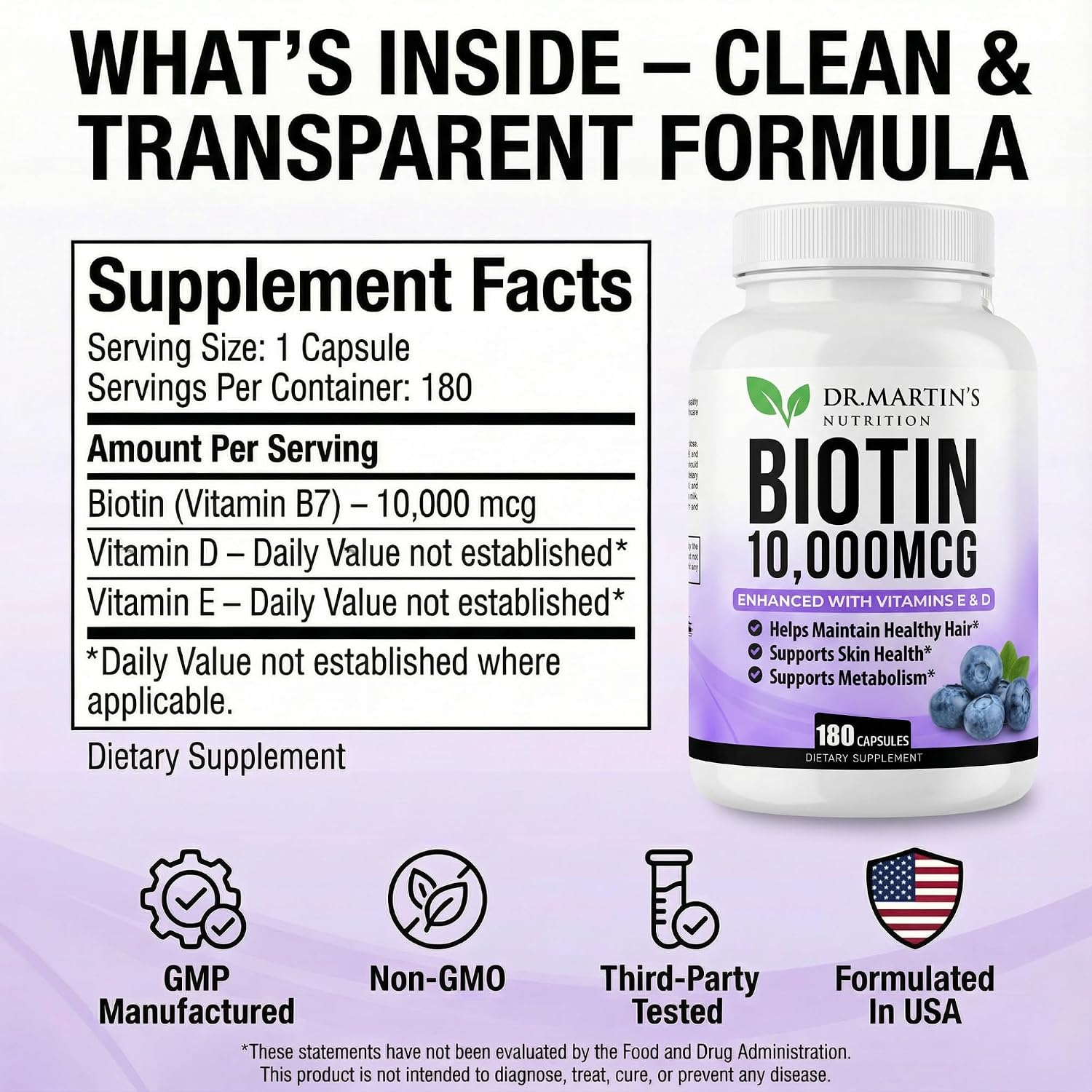 DR. MARTIN'S NUTRITION Biotina 10.000 mcg con Vitamina D3 y E, 180 Cápsulas