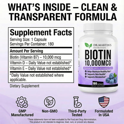DR. MARTIN'S NUTRITION Biotina 10.000 mcg – La biotina contribuye al funcionamiento normal del sistema nervioso. – Image 7
