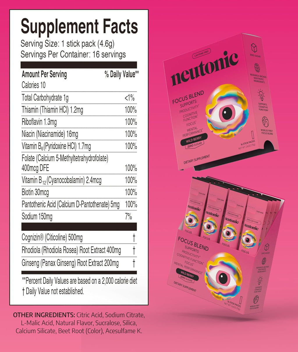 Neutonic Mezcla Nootrópica en Polvo - Sabor Wild Berry (16 sticks)