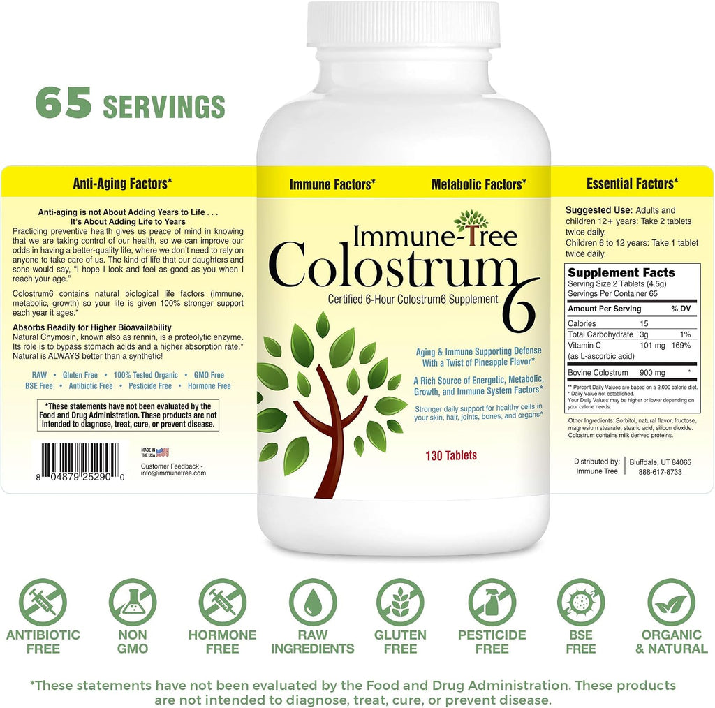 Immune Tree Colostrum6, Certified 6-Hour Colostrum, Pineapple Flavor, 130 Lozenges