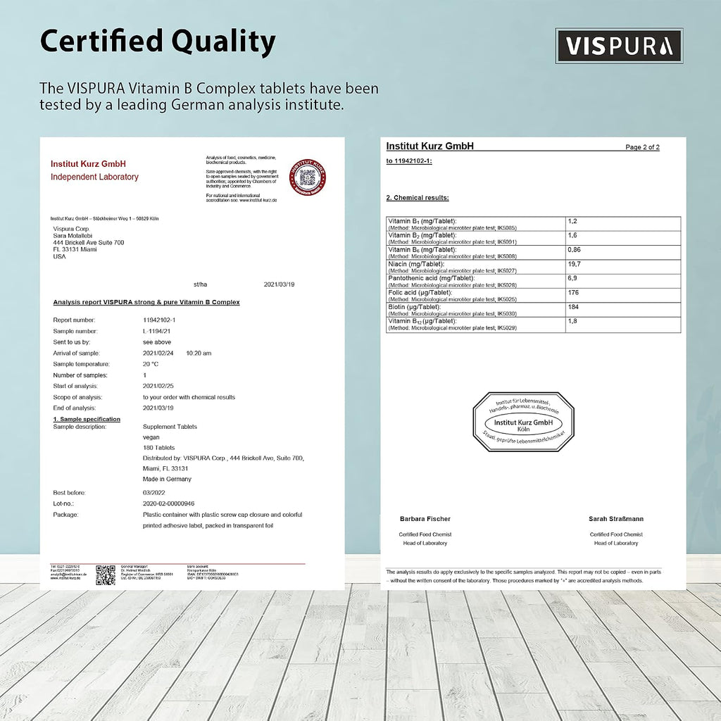 VISPURA Complejo B, 180 Comprimidos Veganos, Todas las Vitaminas B Incluyendo B12, B1, B2, B3, B5, B6, B7, B9, Ácido Fólico, para el Estrés, la Energía y un Sistema Inmunológico Saludable, Suplemento Natural Sin Aditivos