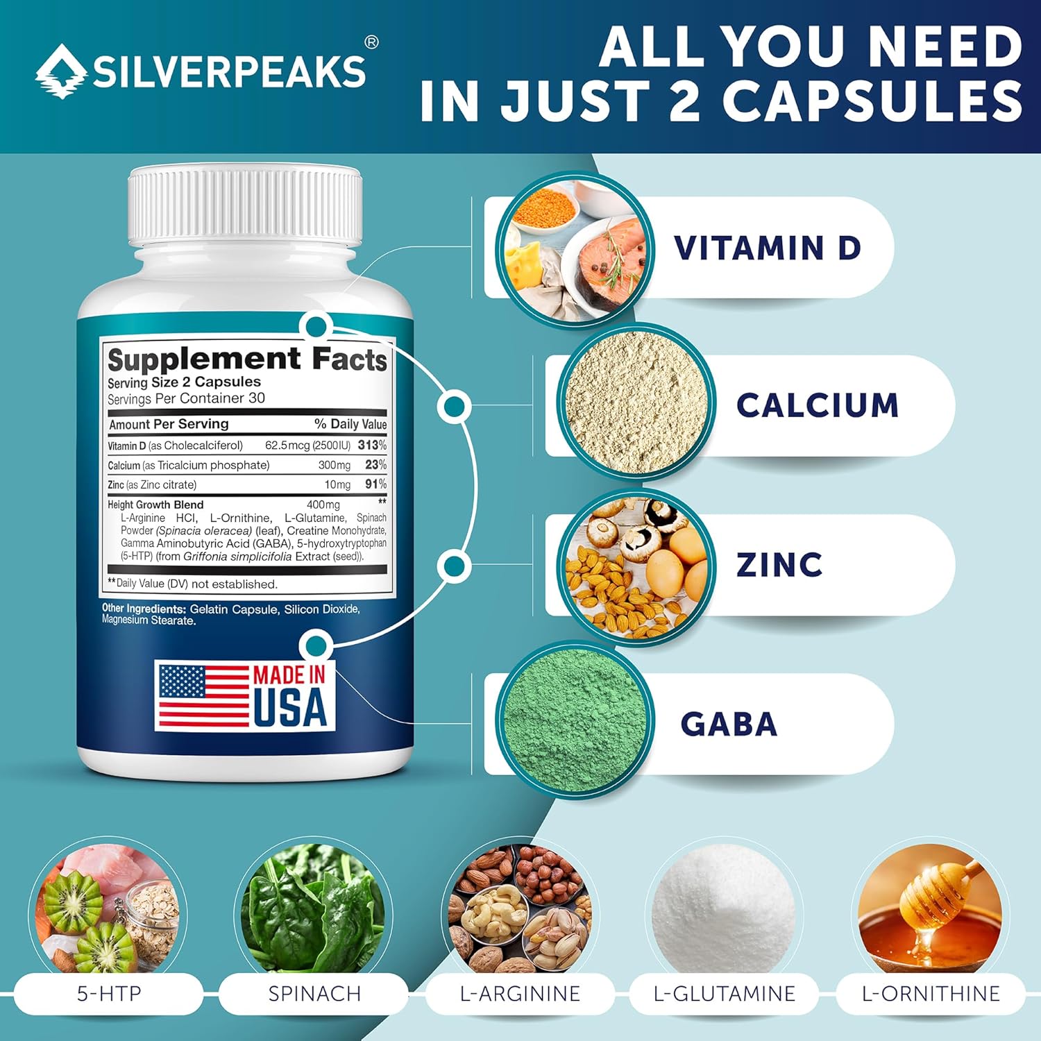 SILVERPEAKS Height Growth Maximizer - 60 Cápsulas con Calcio, Zinc, GABA y Vitamina D3