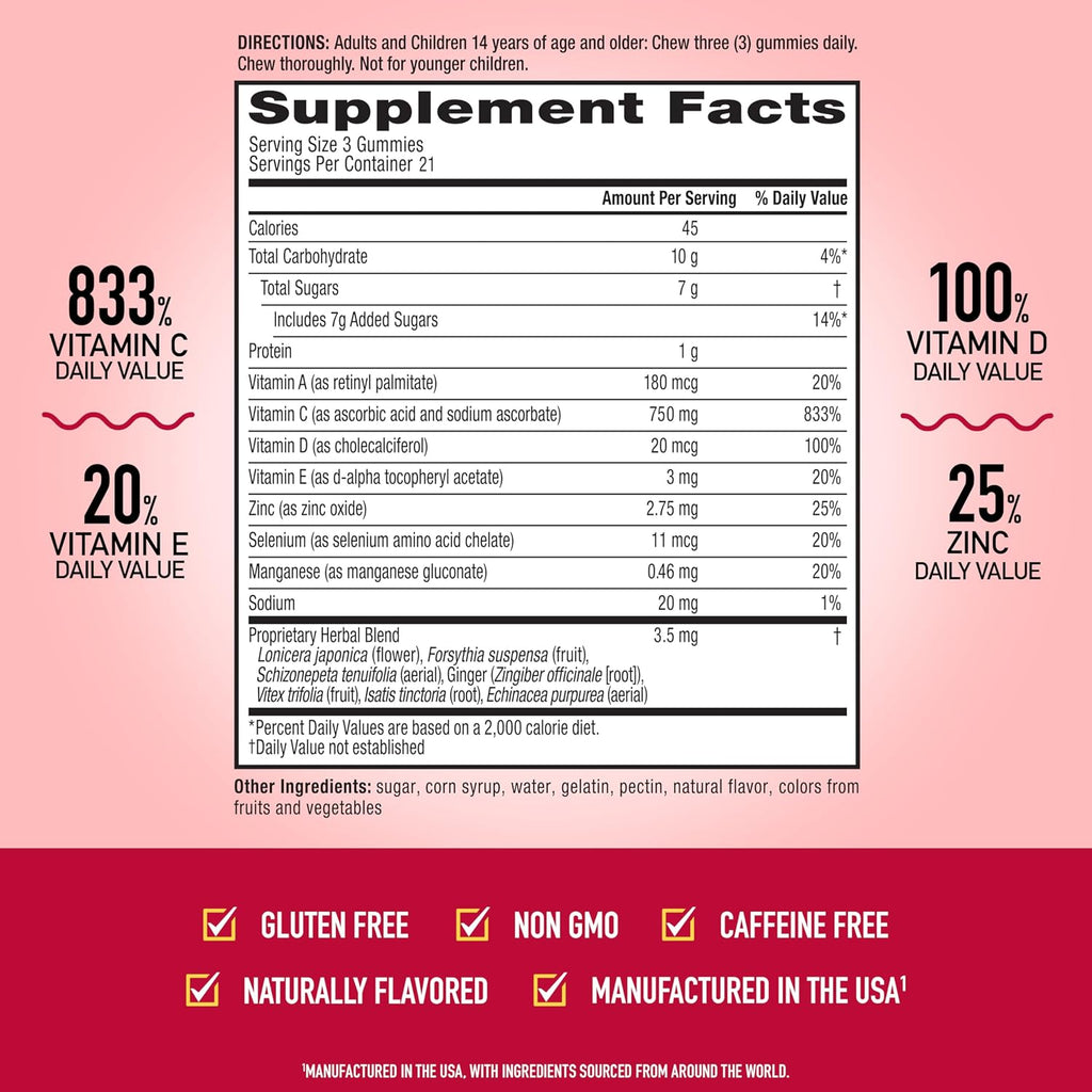 Airborne Gomitas de Apoyo Inmune, Sabor a Frutas Variadas, 63 unidades - 750 mg de Vitamina C con Vitaminas A, D, E, Zinc, Selenio y Manganeso