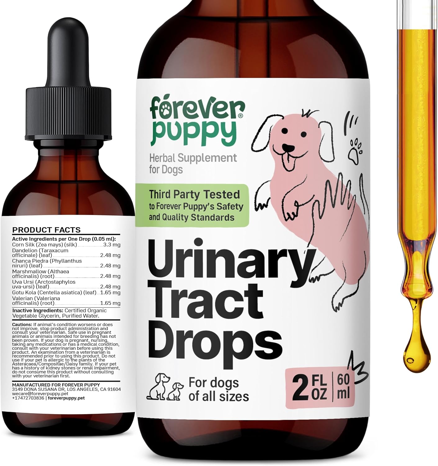Forever Puppy Gotas para el Tracto Urinario de Perros - Suplemento Natural para la Vejiga con Seda de Maíz y Chanca Piedra - Sin Azúcar ni Alcohol - 60 ml