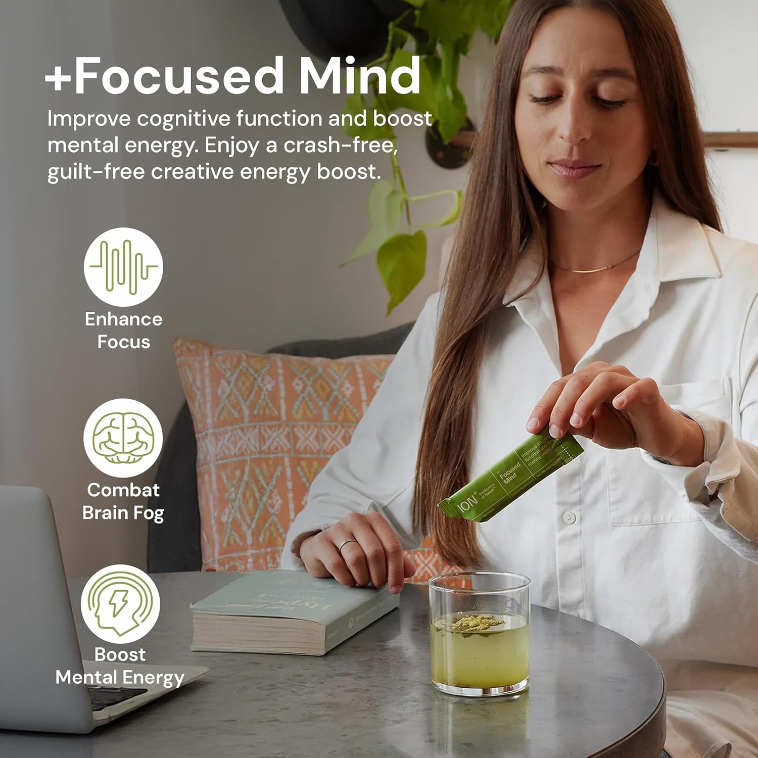 ION* Intelligence of Nature Focused Mind Nootropic Powder Drink Mix - Brain Boost con Matcha para Memoria, Concentración y Relajación - 20 Sobres