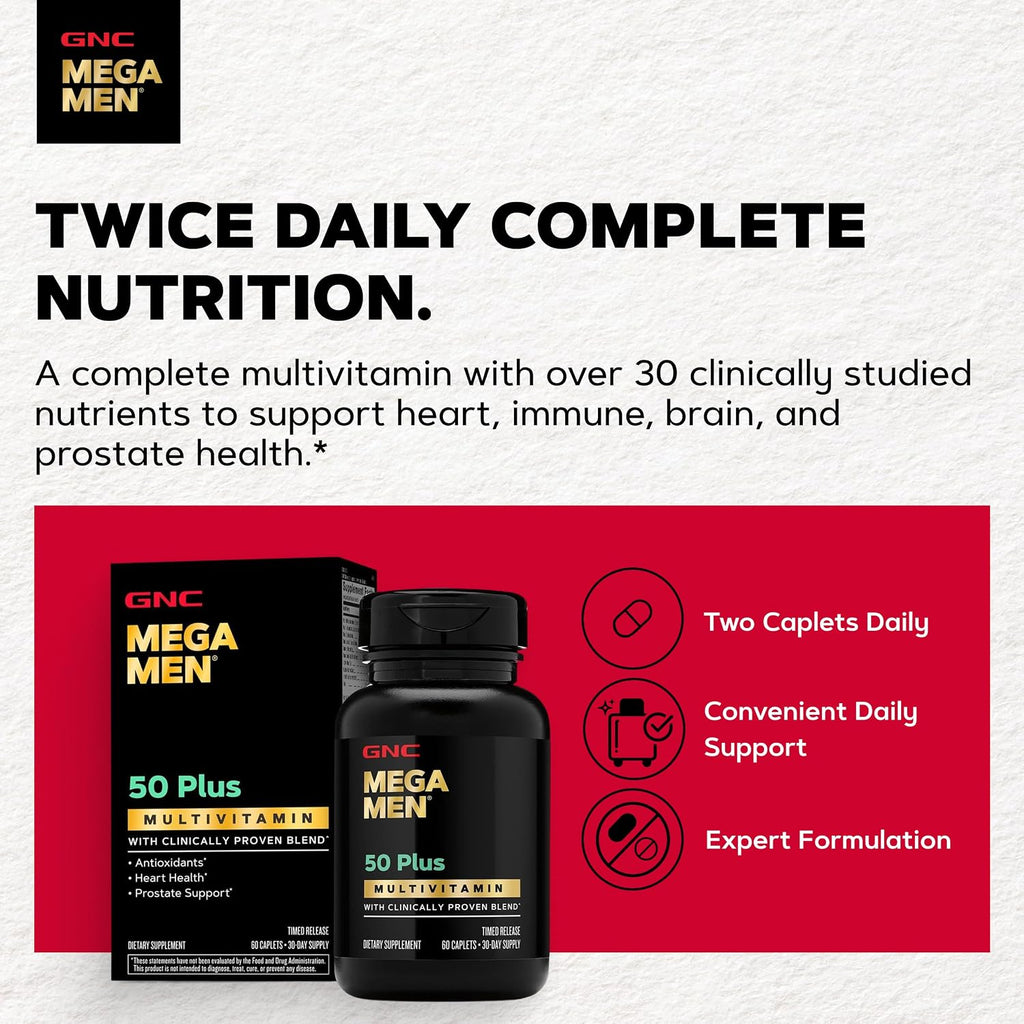 GNC Mega Men 50 Plus Multivitamínico para Hombres, Salud Cardíaca y Prostática, Vitaminas B, Saw Palmetto, Vitamina D-3, 60 Comprimidos