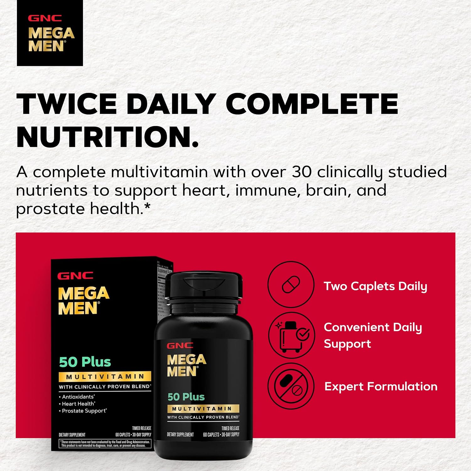 GNC Mega Men 50 Plus Multivitamínico para Hombres, Salud Cardíaca y Prostática, Vitaminas B, Saw Palmetto, Vitamina D-3, 60 Comprimidos