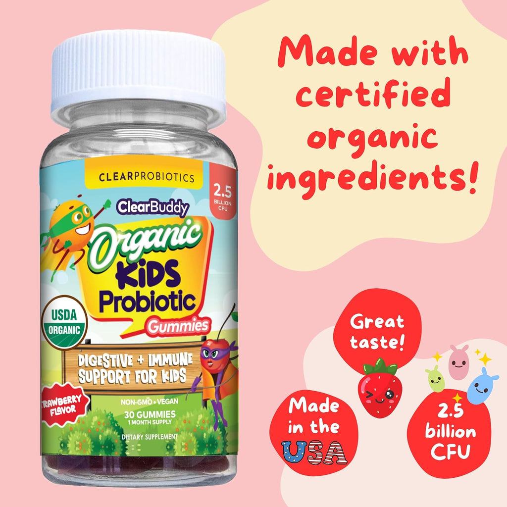 Clear Buddy Probióticos para Niños de 2 a 6 Años – Gominolas Orgánicas USDA con DE111 (2.5B UFC) – Apoyo Inmunitario y Digestivo – Sabor Fresa – 30 Días