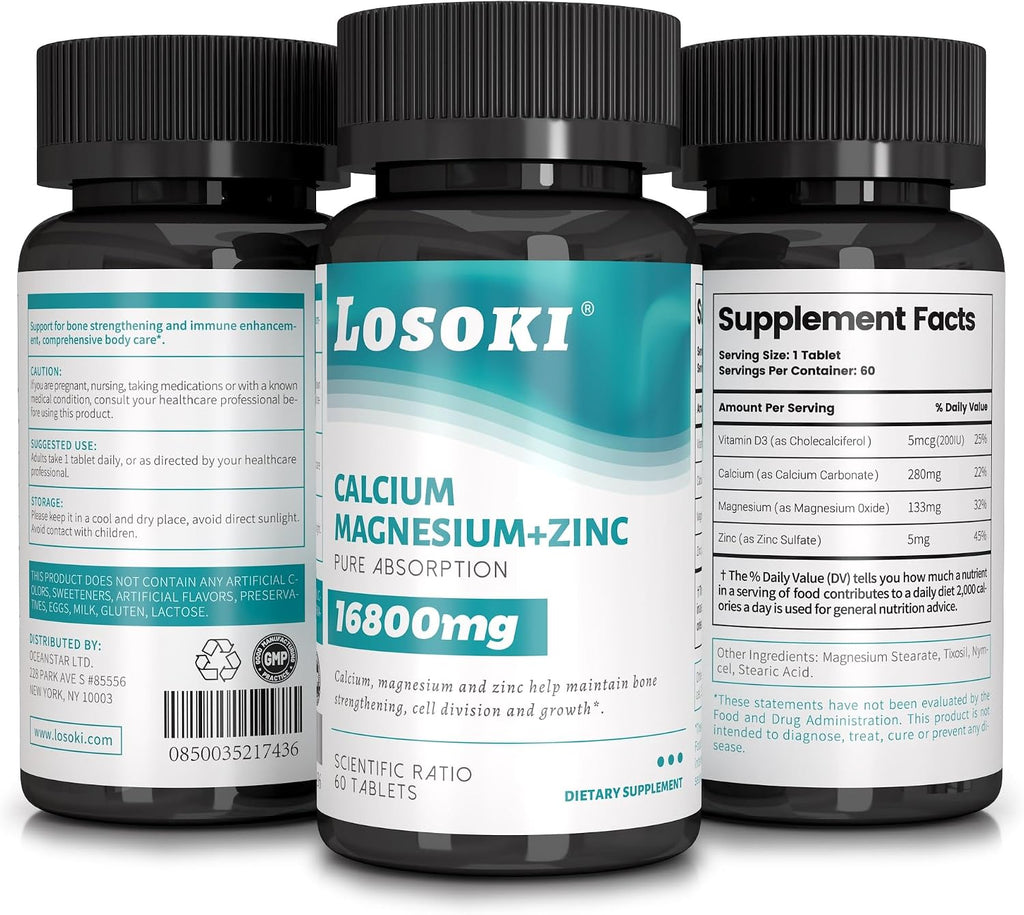 Losoki Calcio Magnesio Zinc - Suplemento Premium para la Salud Ósea y el Apoyo Inmunológico con Vitamina D - 60 Comprimidos