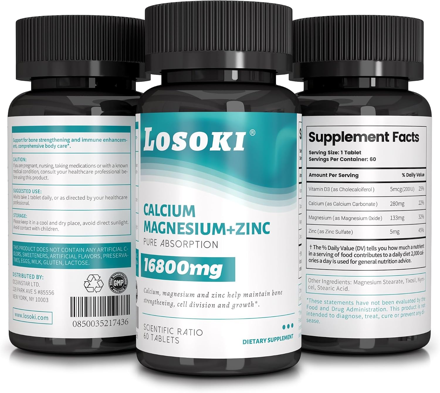 Losoki Calcio Magnesio Zinc - Suplemento Premium para la Salud Ósea y el Apoyo Inmunológico con Vitamina D - 60 Comprimidos