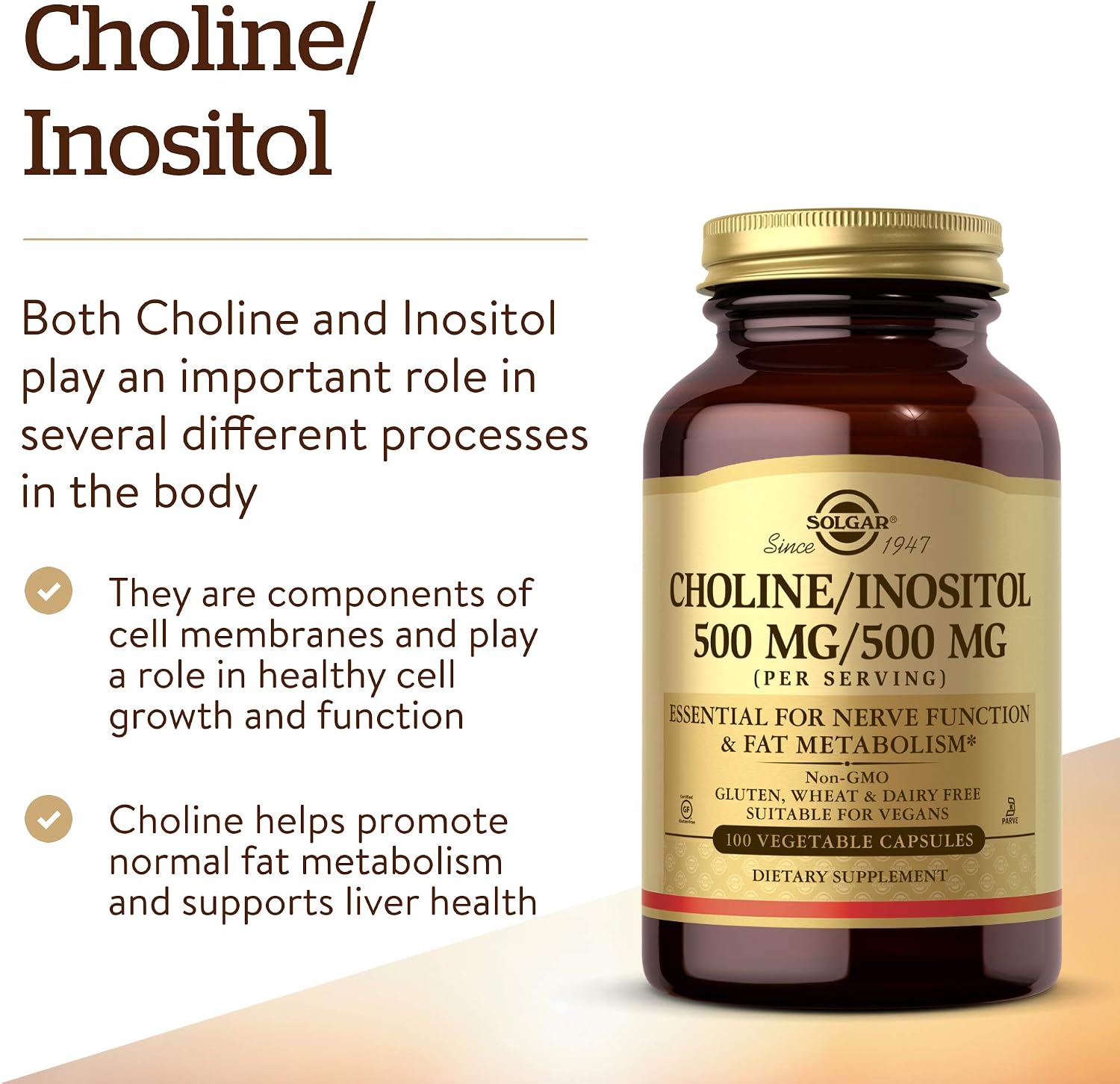 Solgar Choline and Inositol 500 mg/500 mg, 100 Vegetable Capsules