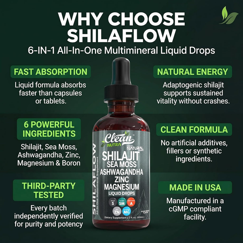 ShilaFlow Shilajit Drops Líquido – Complejo de Shilajit con Sea Moss, Ashwagandha, Zinc, Magnesio y Boro