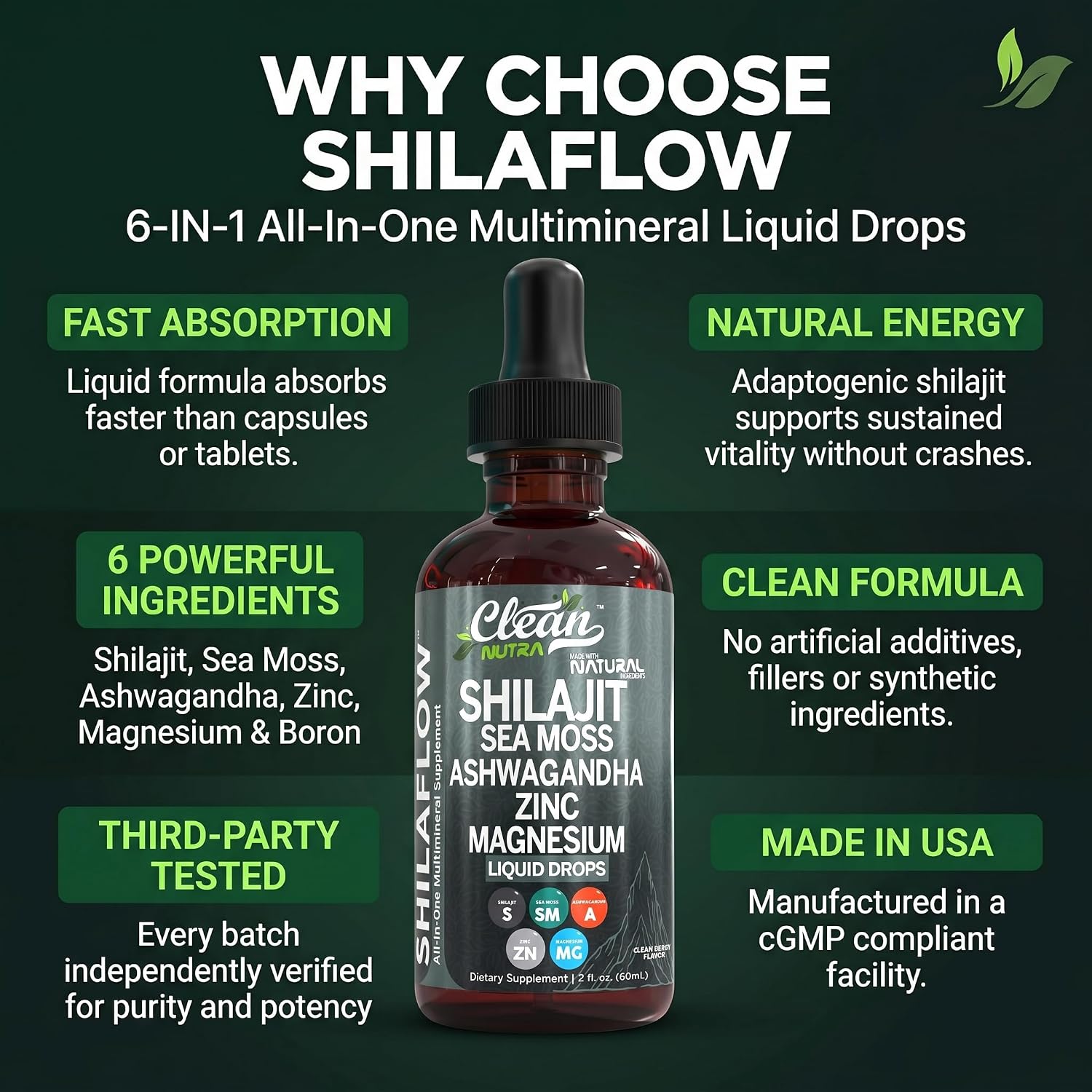 ShilaFlow Shilajit Drops Líquido – Complejo de Shilajit con Sea Moss, Ashwagandha, Zinc, Magnesio y Boro