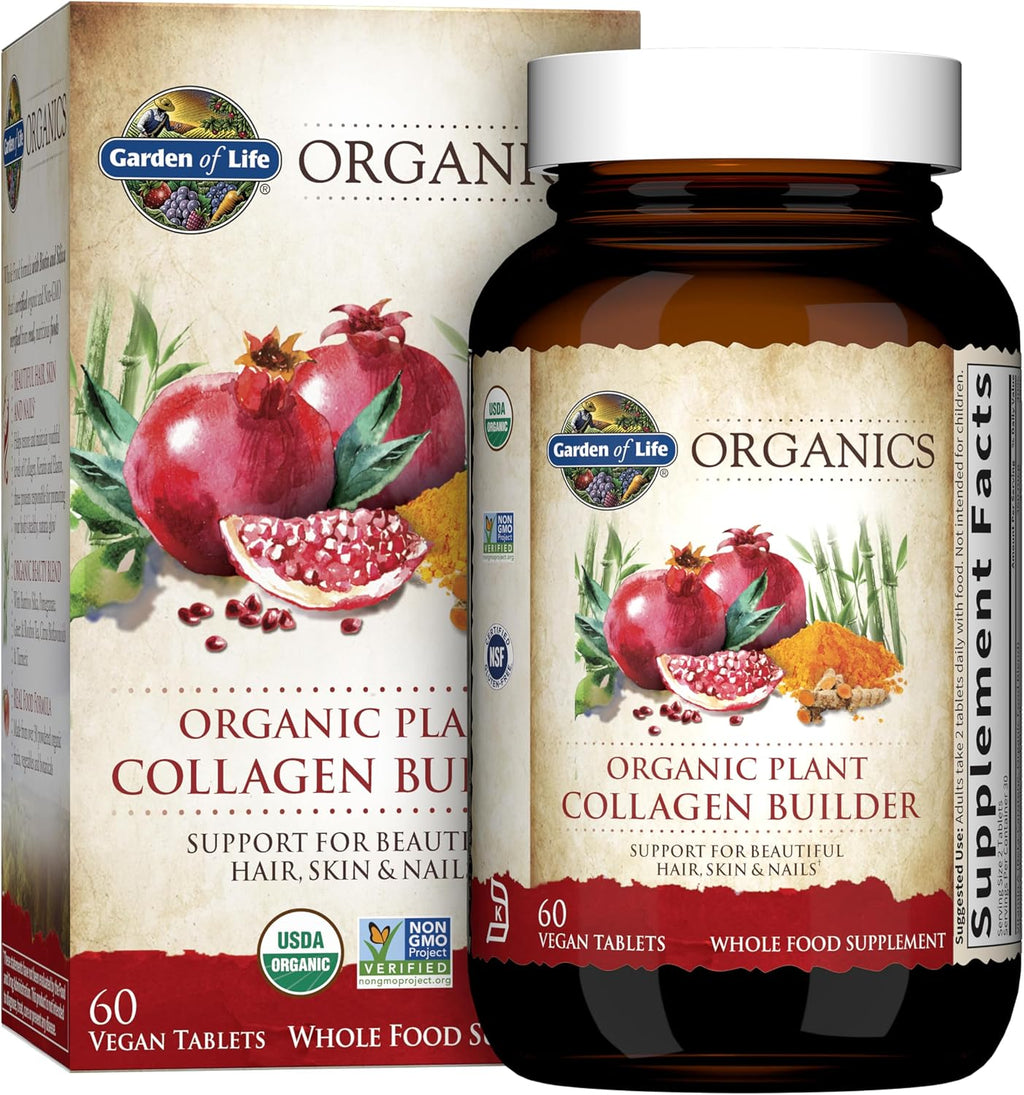 Garden of Life Organics Plant Collagen Builder con biotina y silicio – Suplemento vegano para cabello, piel, uñas y articulaciones, USDA orgánico, 60 comprimidos