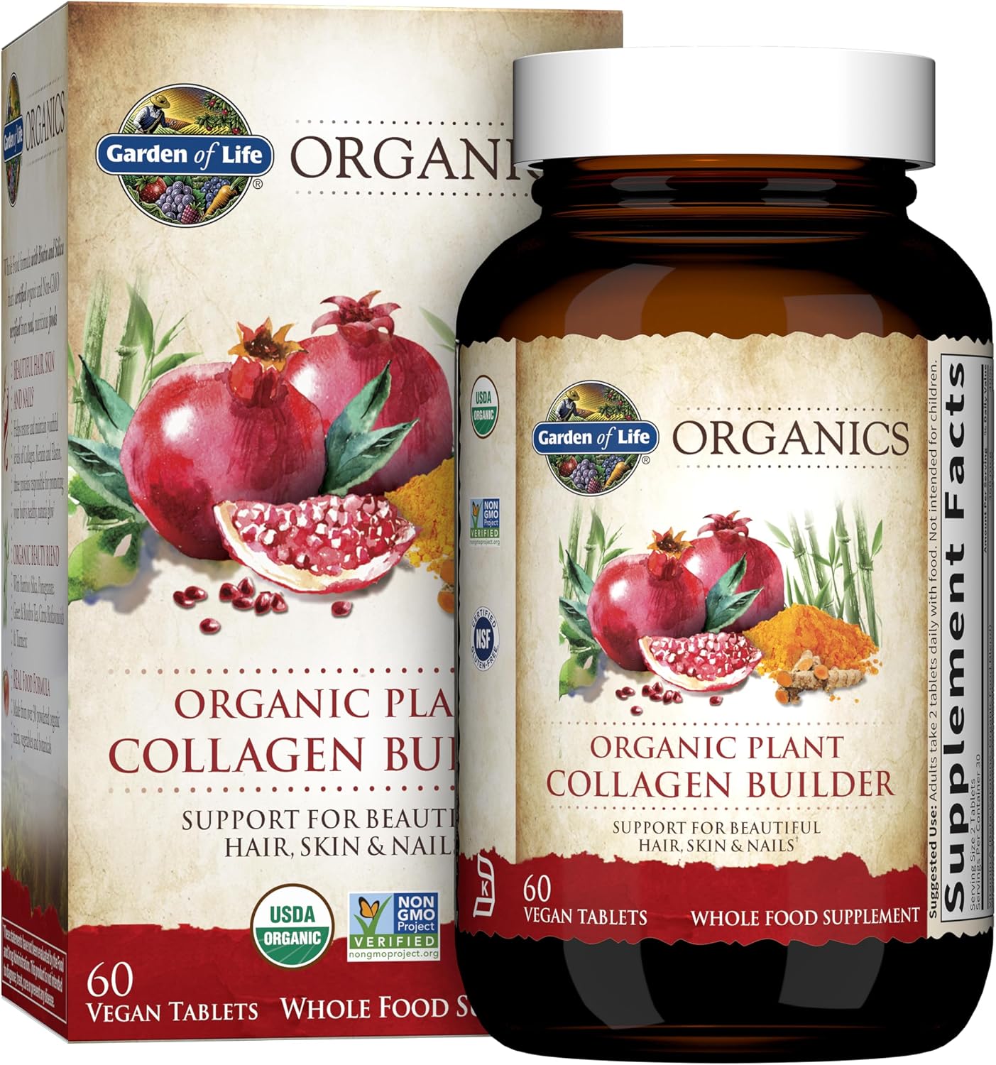 Garden of Life Organics Plant Collagen Builder con biotina y silicio – Suplemento vegano para cabello, piel, uñas y articulaciones, USDA orgánico, 60 comprimidos